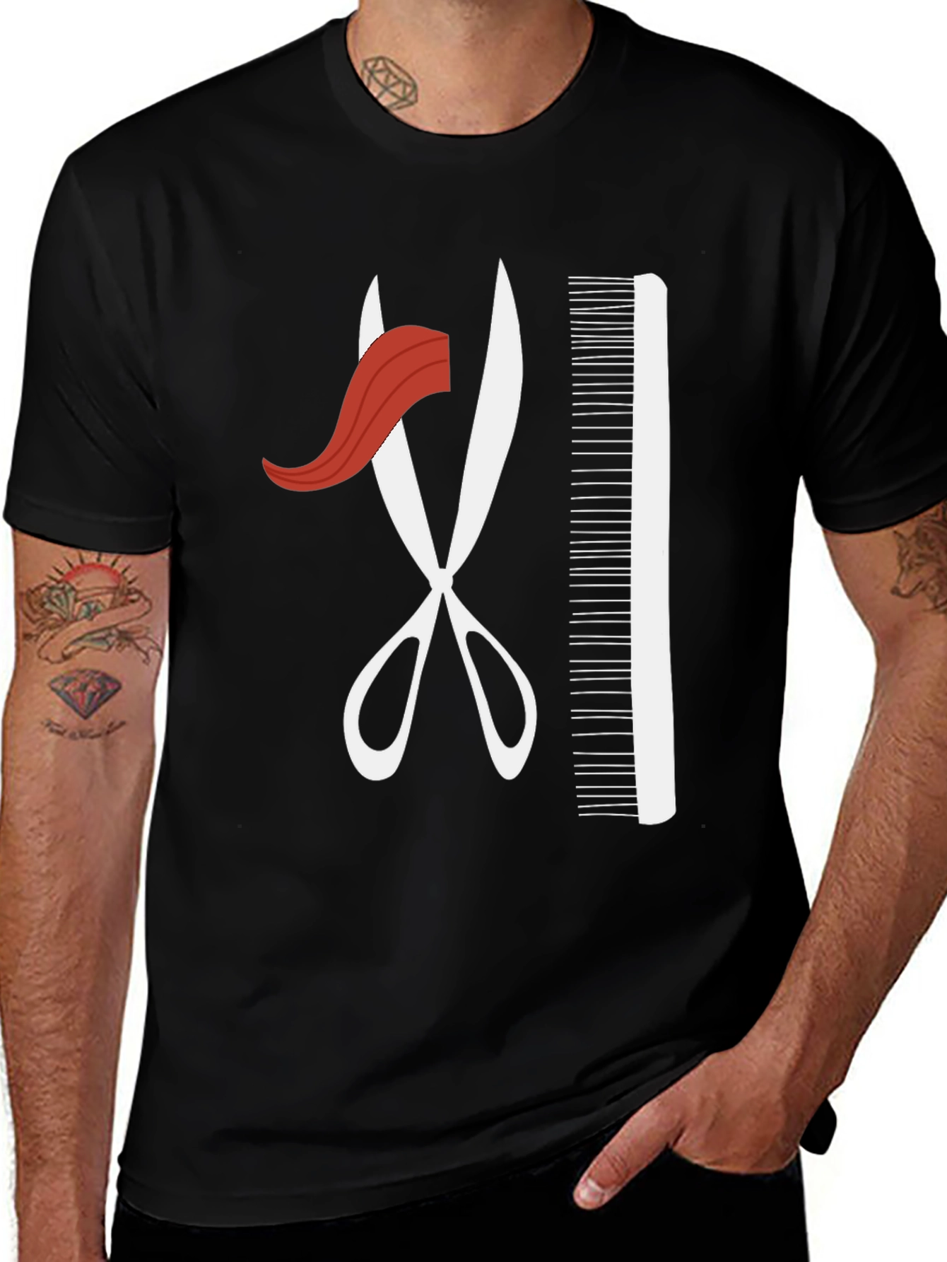 Black Barber Style T-Shirt - Scissors and Comb Graphic main image