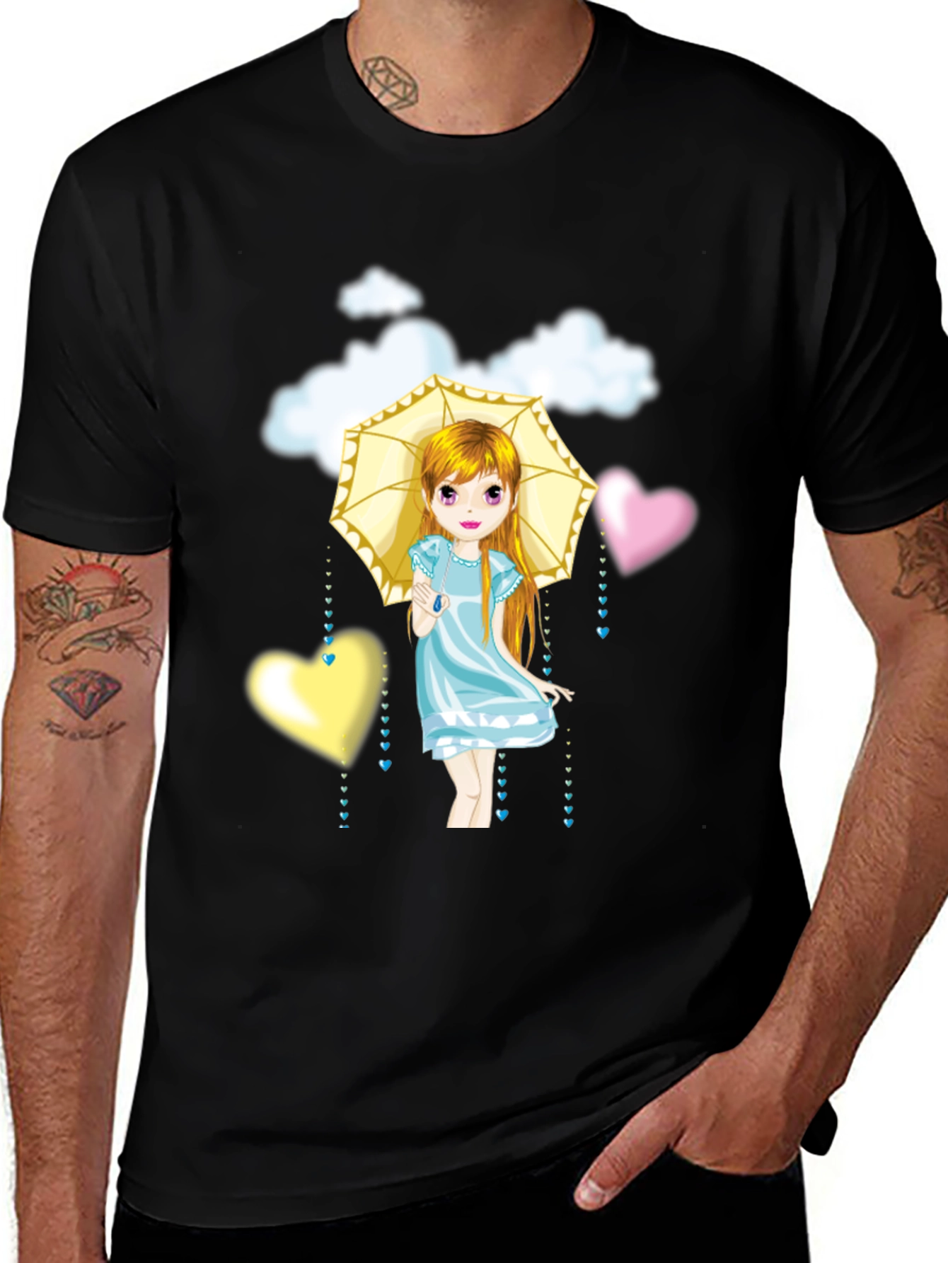 Variant 13 of Cute Girl Umbrella Heart Cloud Black T-Shirt