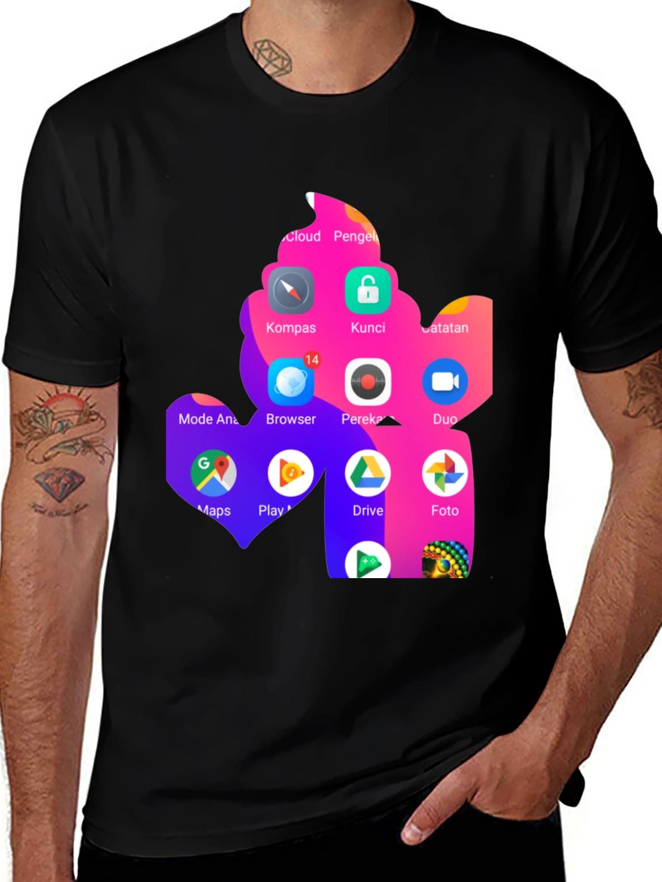 T-Shirt with App Icon Collage Print - Black