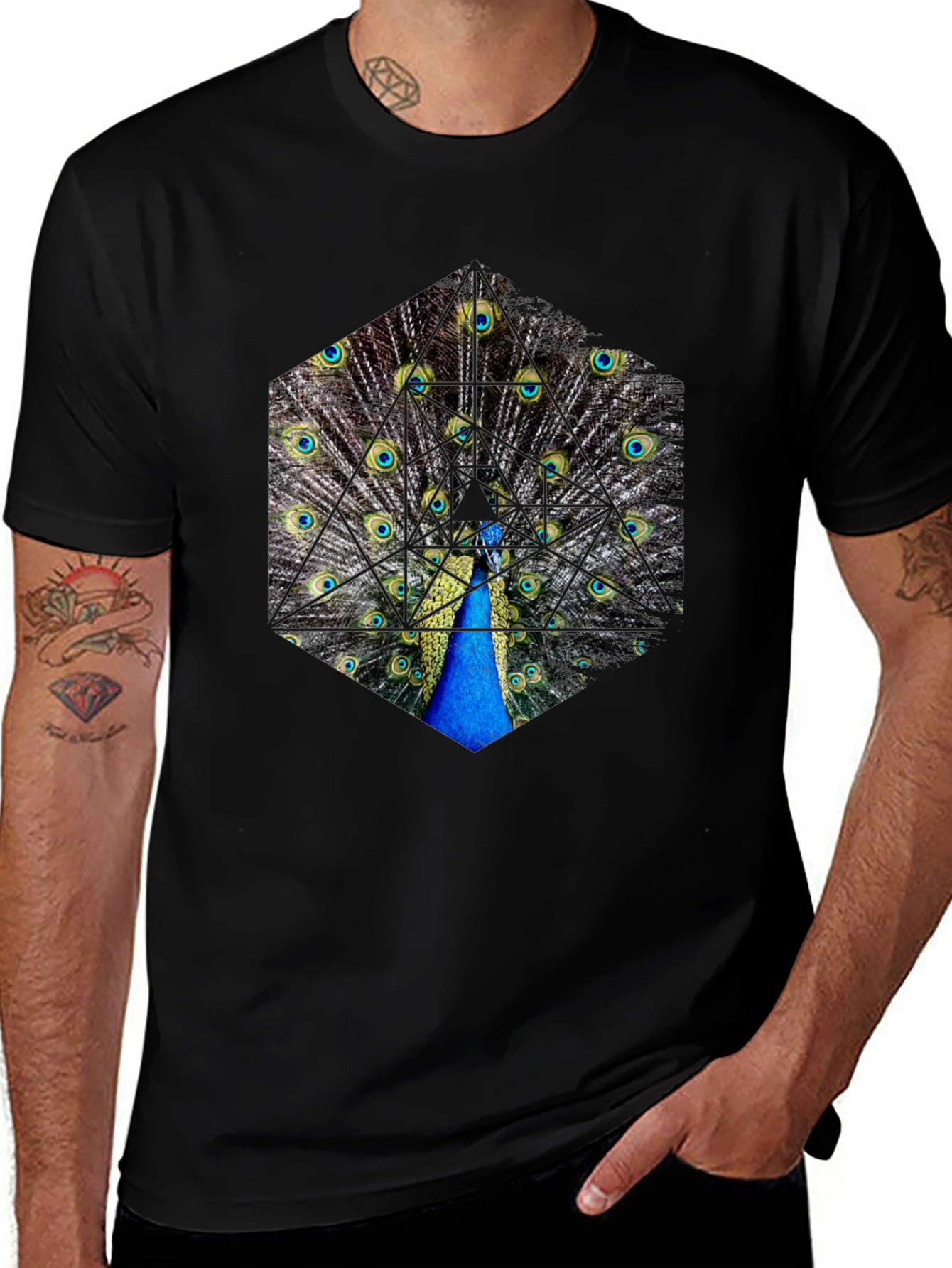 Peacock Feather Hexagon Graphic T-Shirt - Unique Design