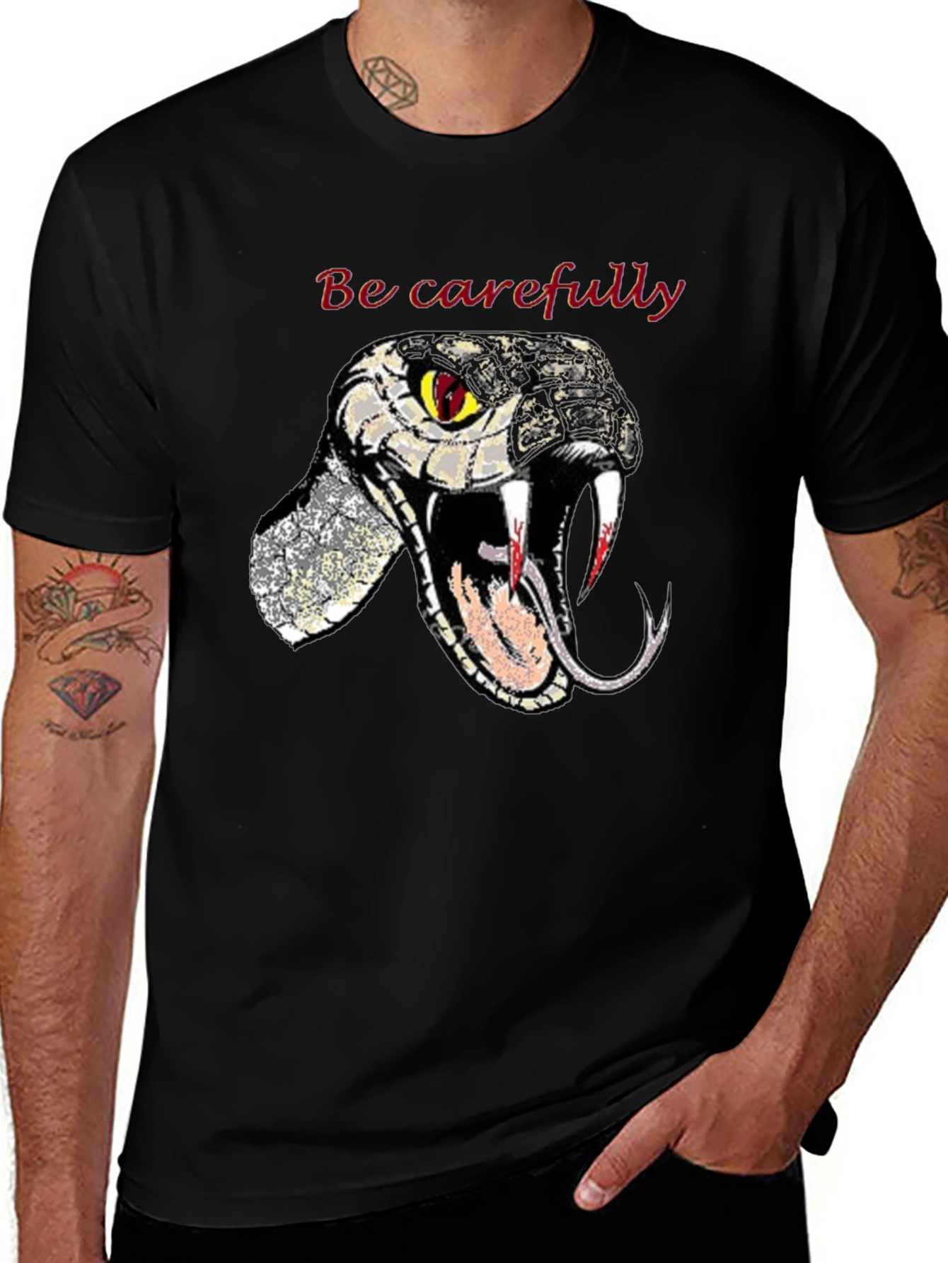 Snake Graphic Tee - "Be Carefully" Black T-Shirt