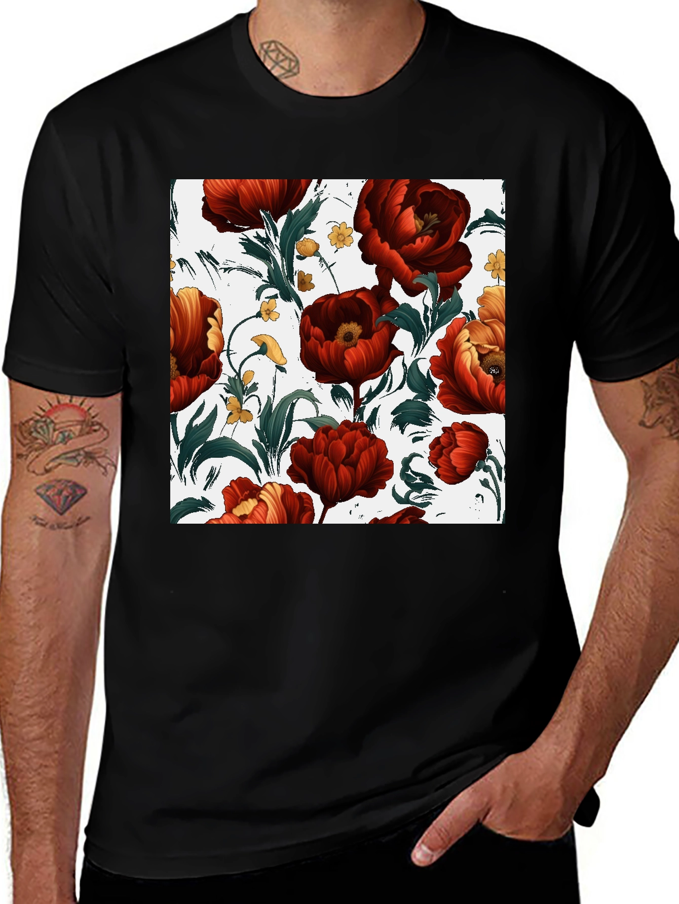 Variant 10 of Floral Print Men's Black T-Shirt