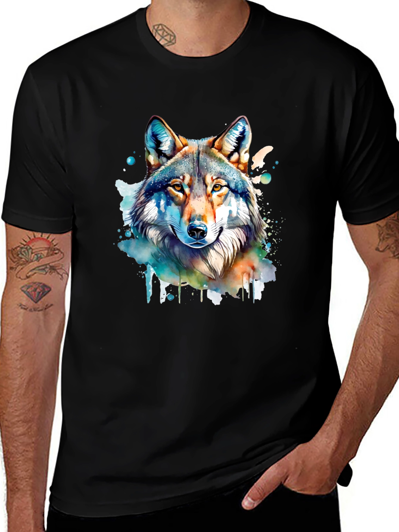 Variant 21 of Watercolor Wolf Graphic Tee - Men's Black T-Shirt