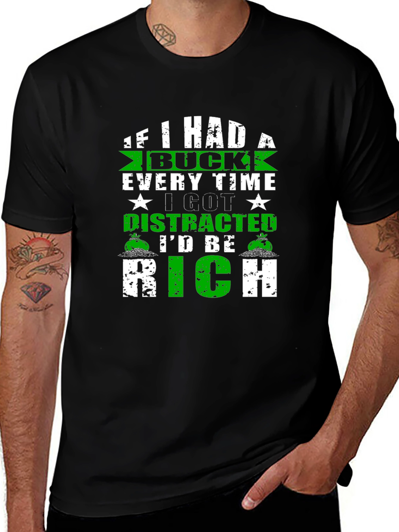 Variant 21 of Distracted Rich Funny Black T-Shirt