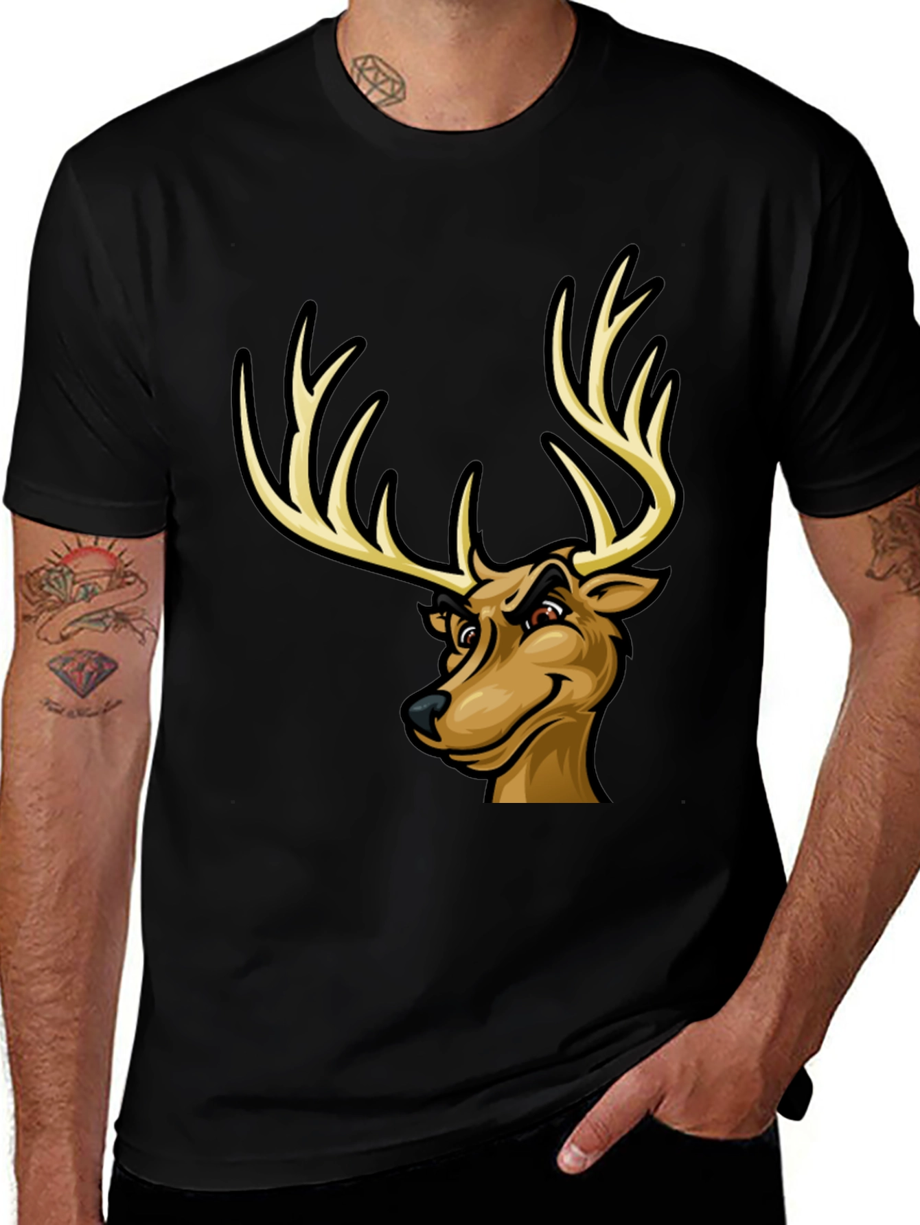 Variant 17 of Men's Black T-Shirt with Cartoon Deer Graphic