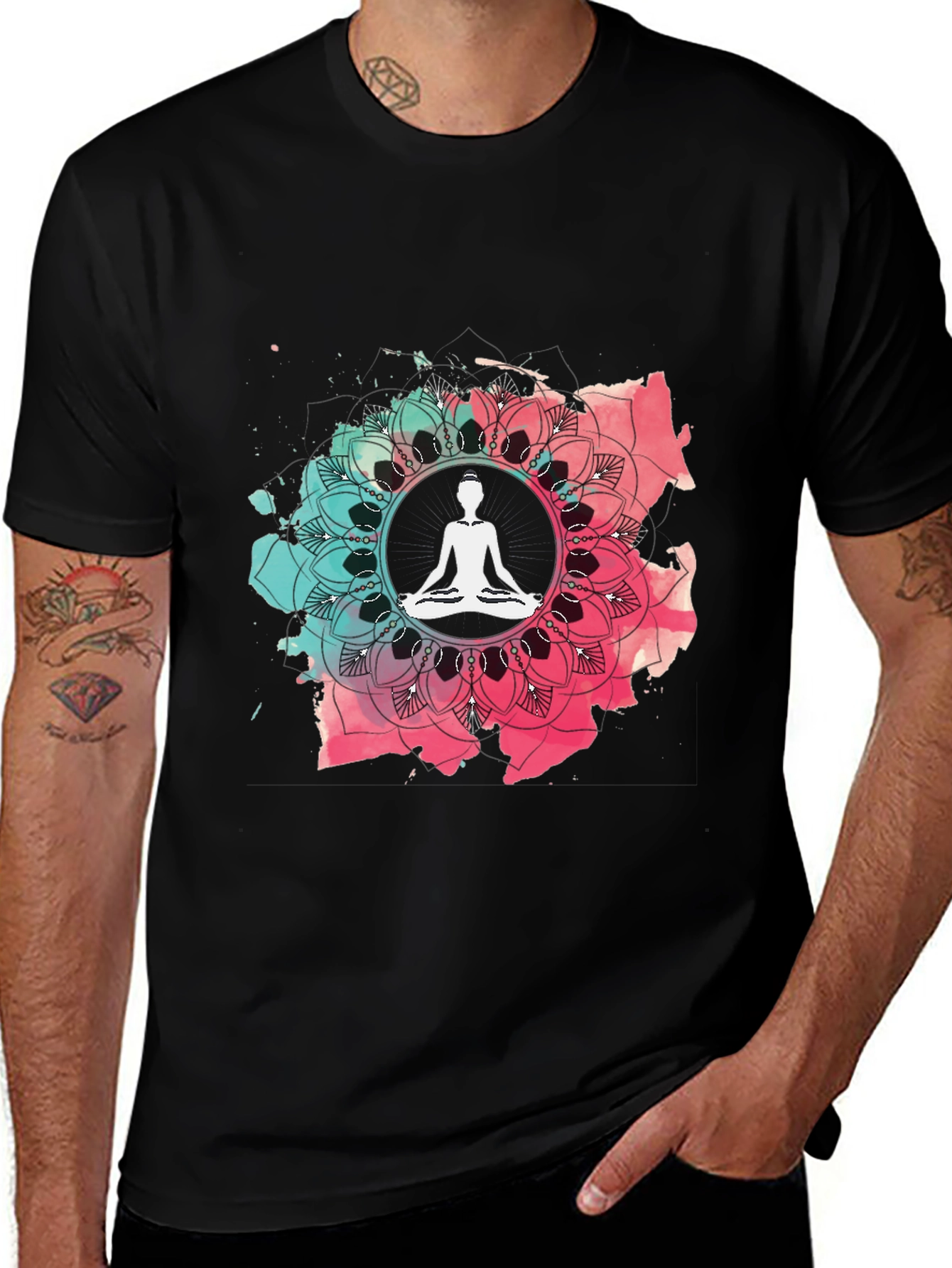 Variant 4 of Yoga Mandala Graphic Tee - Men's Casual Black T-Shirt