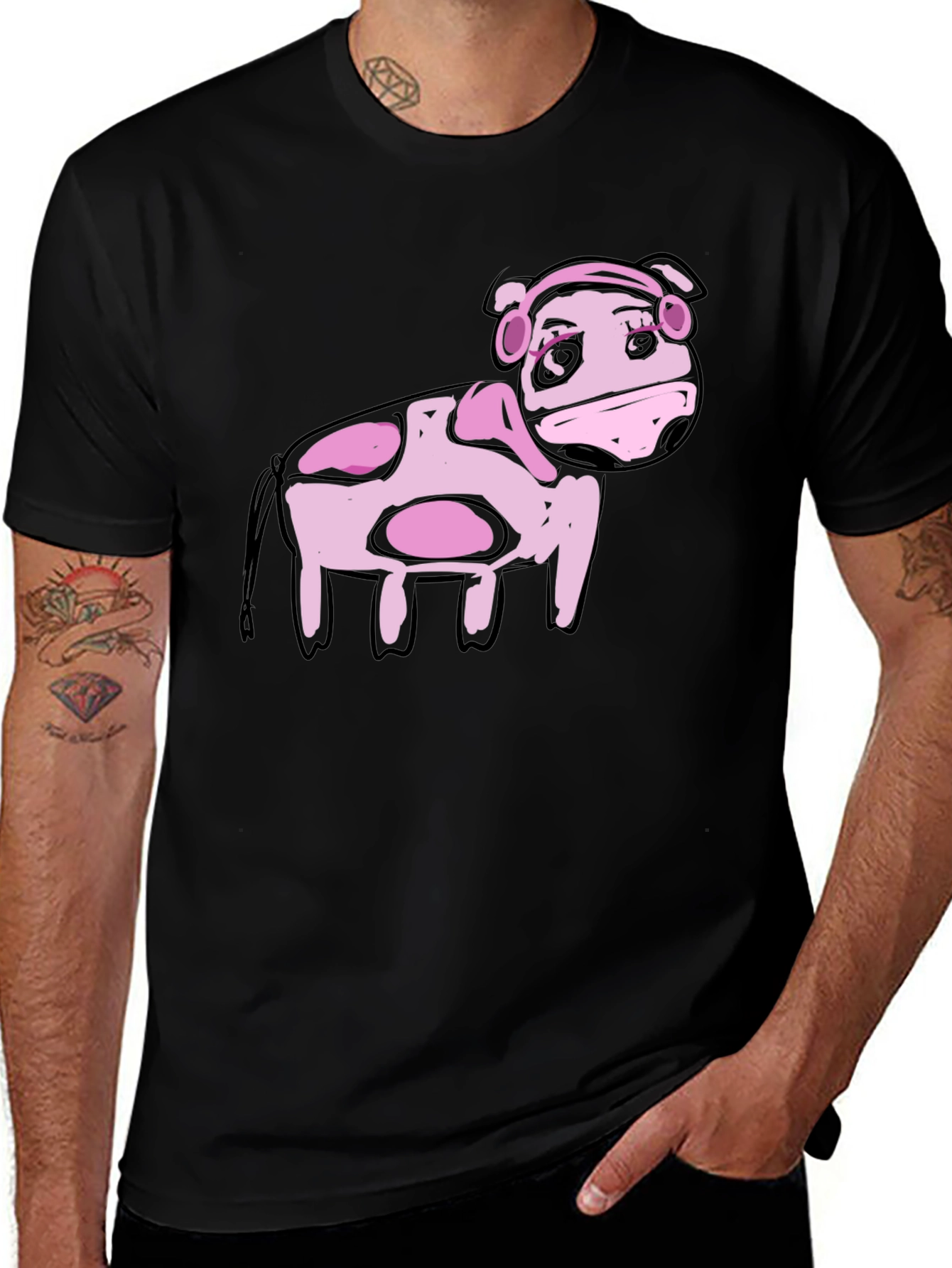 Variant 6 of Cartoon Pink Cow Black T-Shirt