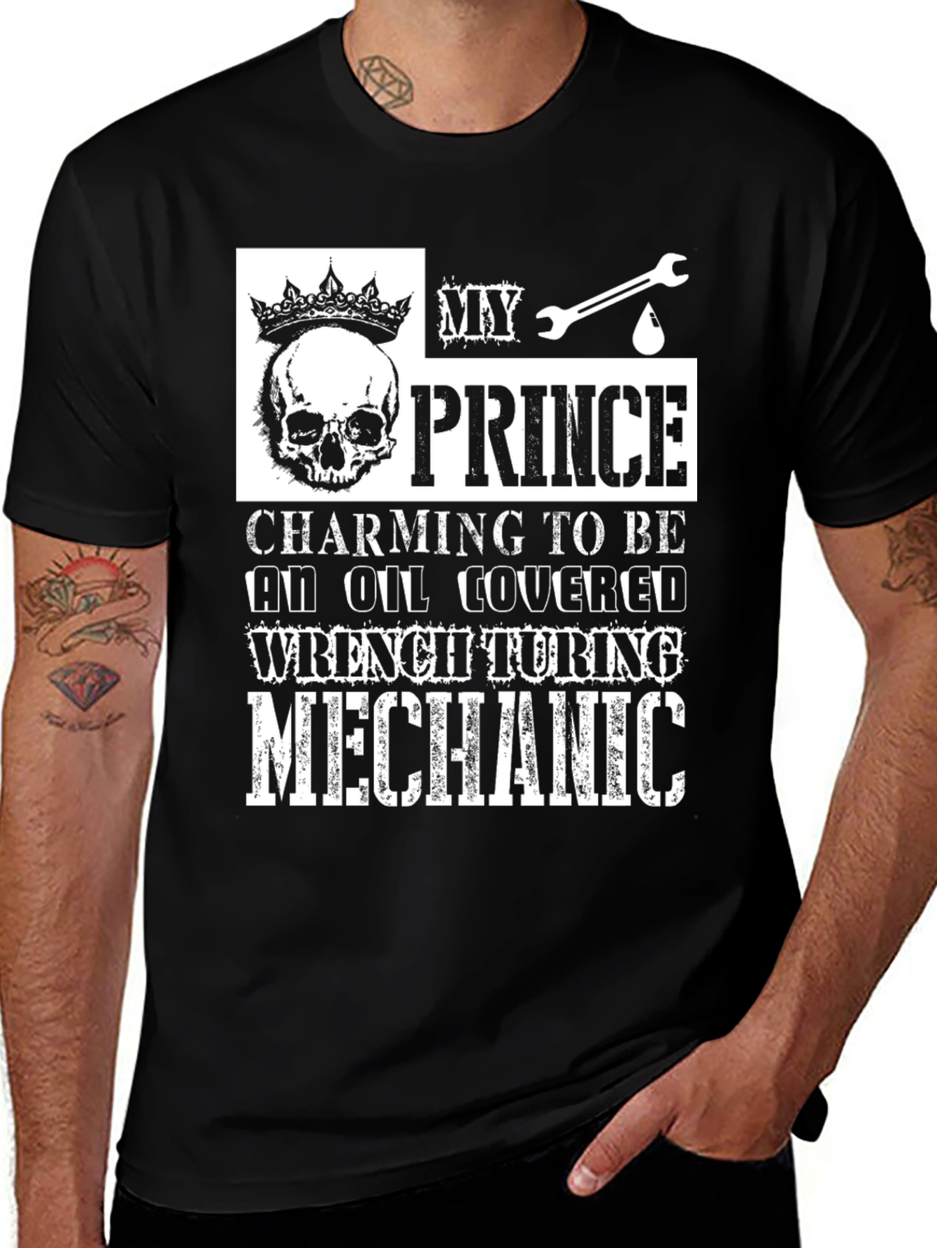Black My Prince Mechanic T-Shirt - Oil Covered Wrench Turning main image