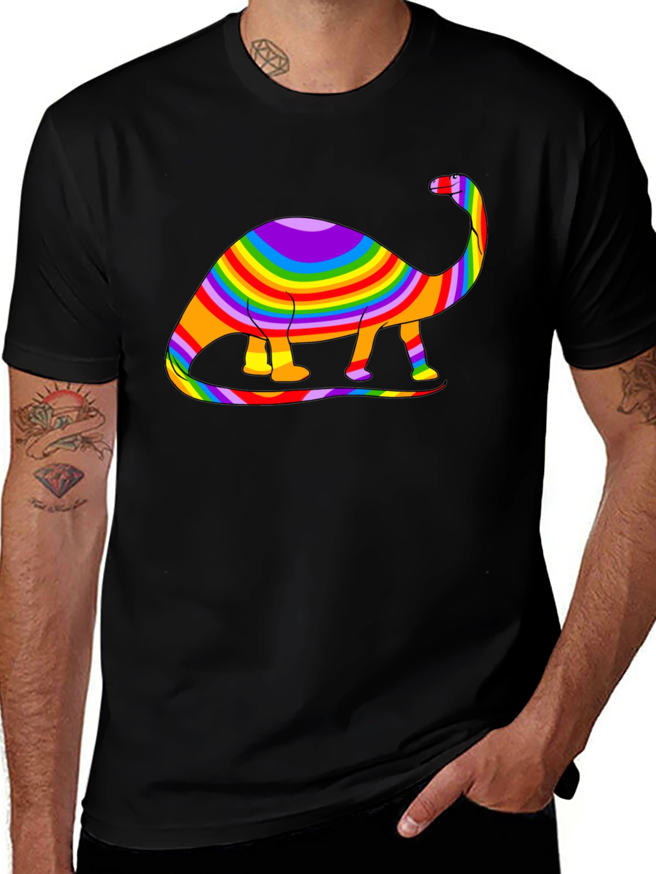 Variant 16 of Rainbow Dinosaur Graphic Tee - Black Cotton Blend