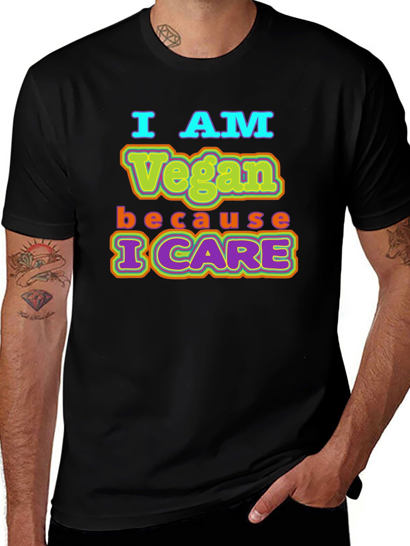 Black I AM Vegan Because I CARE Black T-Shirt main image