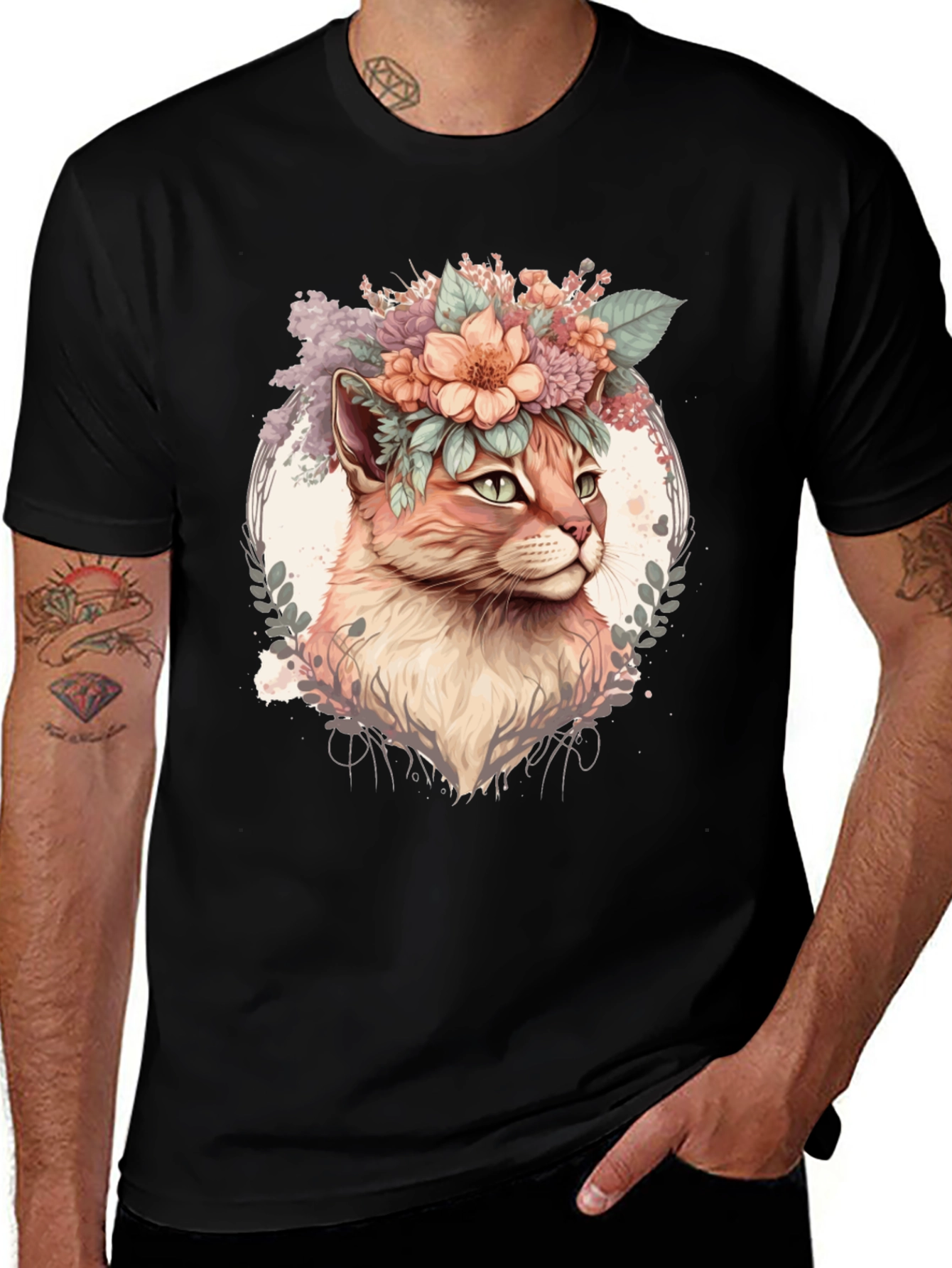 Variant 13 of Floral Cat Graphic Tee - Stylish Men's Black T-Shirt