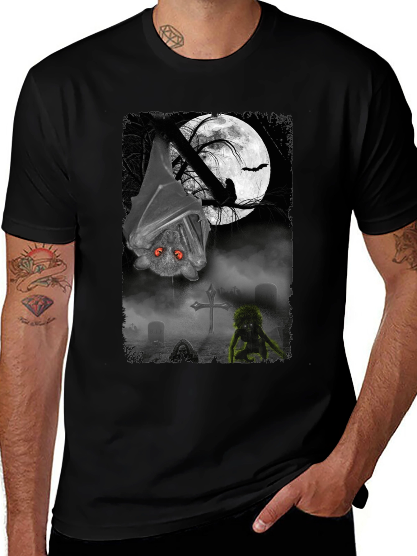 Halloween Bat & Graveyard Graphic T-Shirt