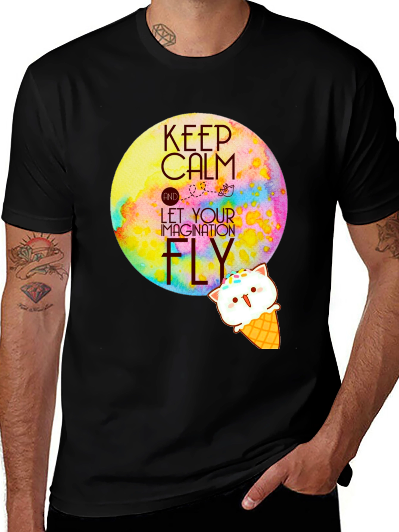 Keep Calm & Fly T-Shirt - Ice Cream Cat Design