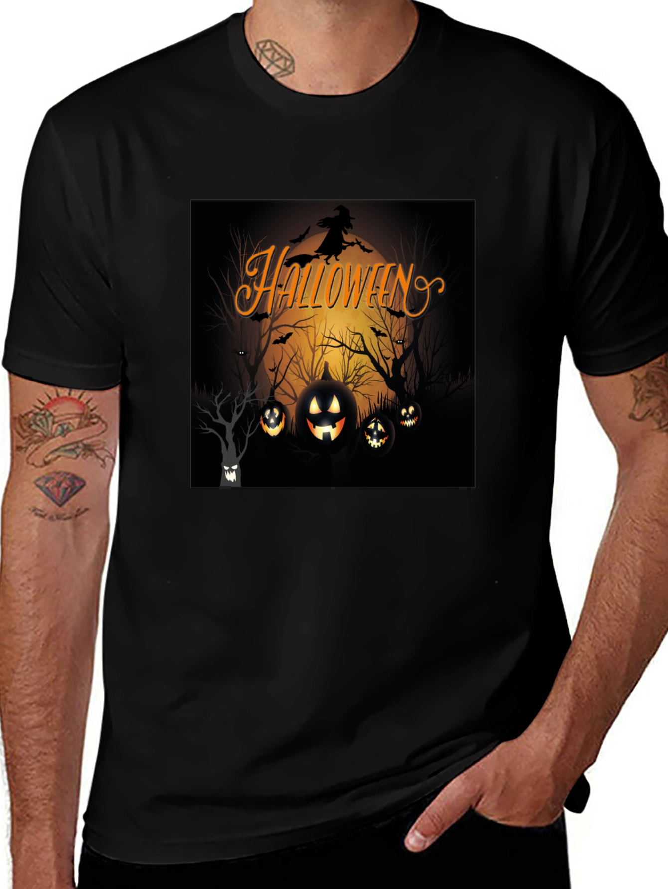 Halloween Witch and Pumpkins Black T-Shirt