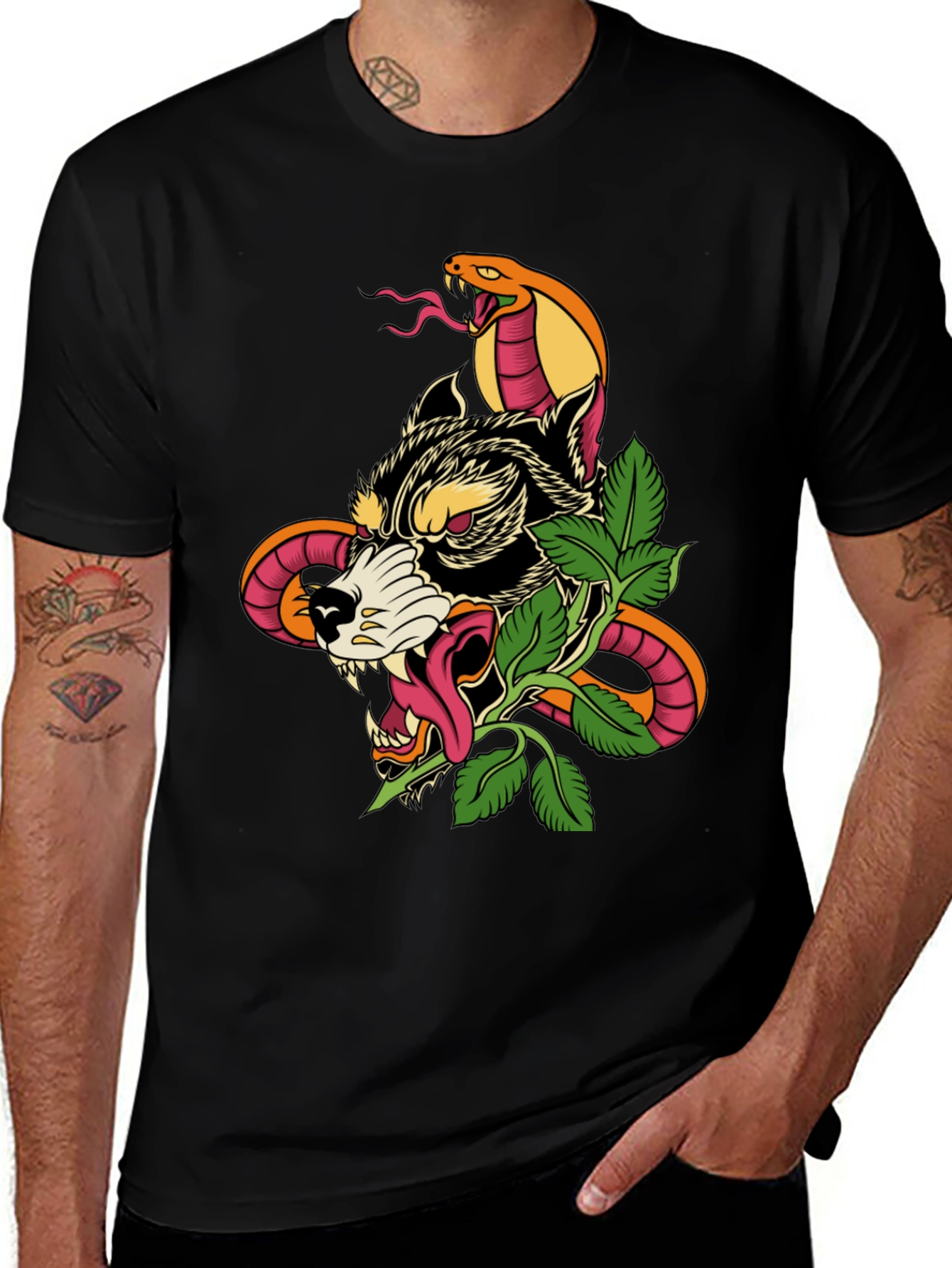 Variant 8 of Wolf & Snake Graphic Tee - Men's Black T-Shirt