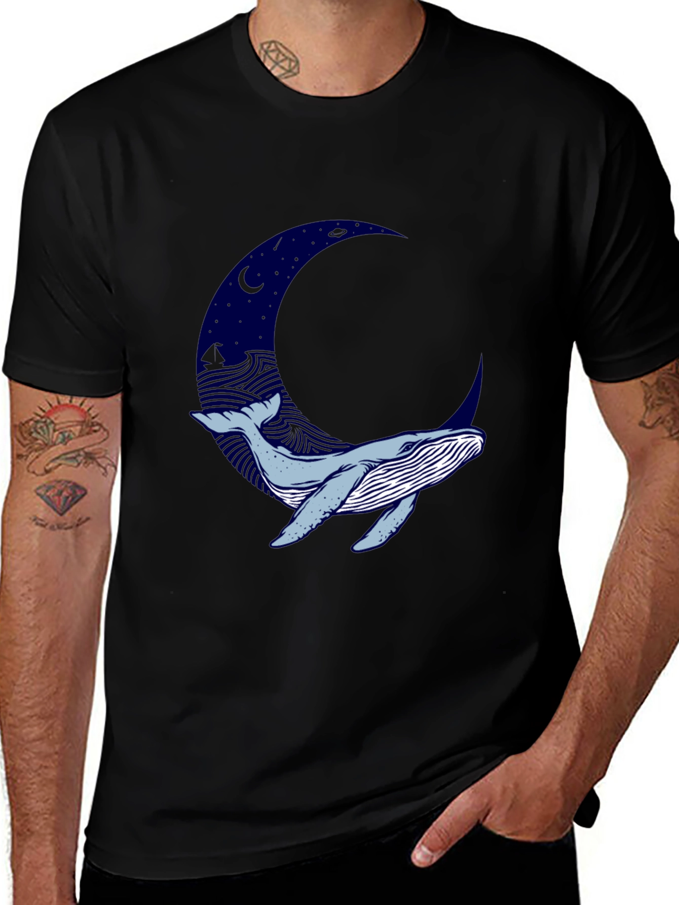 Variant 10 of Whale Moon Graphic T-Shirt - Stylish Black Tee