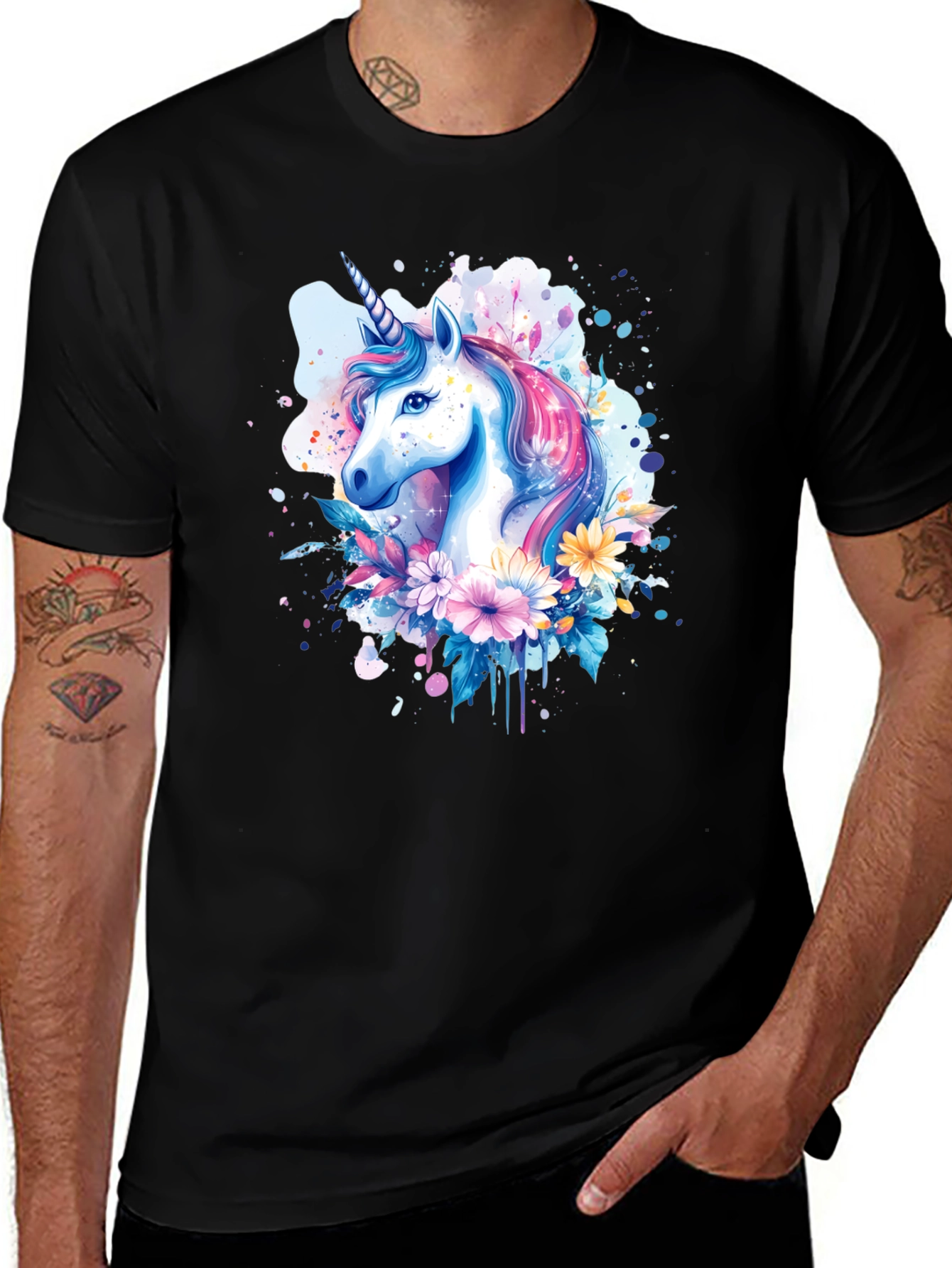 Variant 17 of Unicorn Floral Graphic Tee - Trendy Black T-Shirt