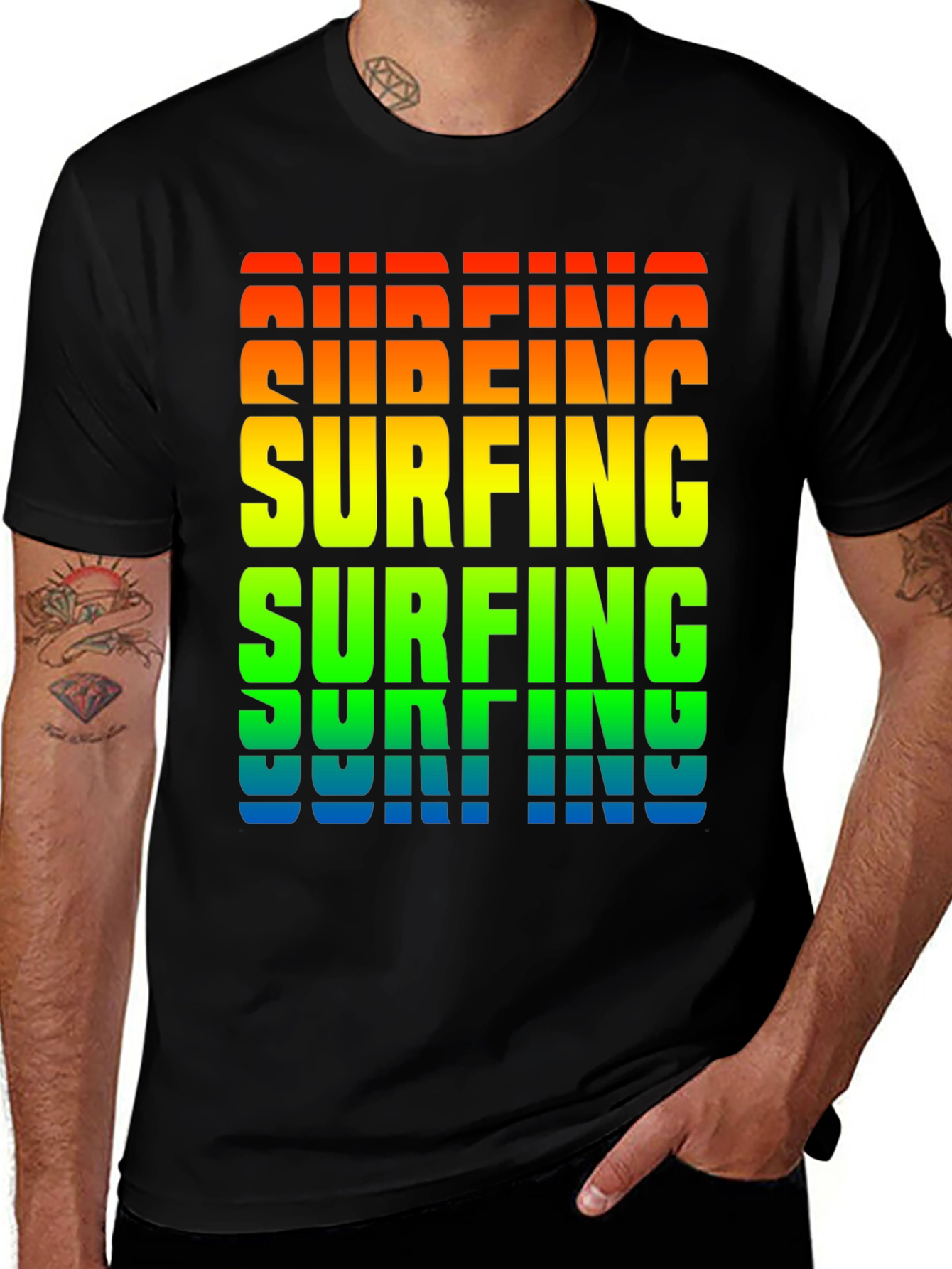Variant 3 of Surfing Rainbow Text Graphic Black T-Shirt