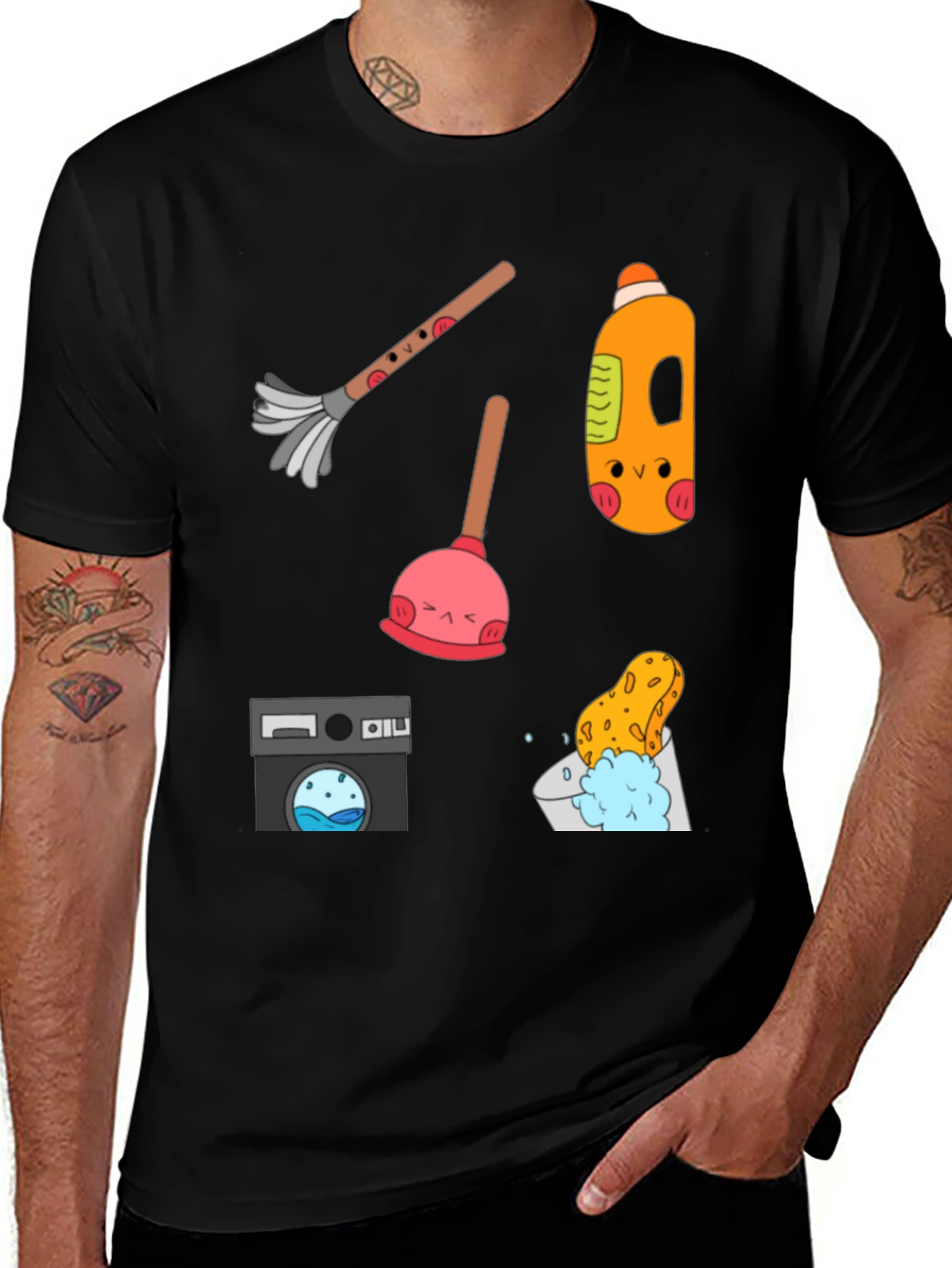 Variant 11 of Funny Cleaning Tools Pattern Black T-Shirt
