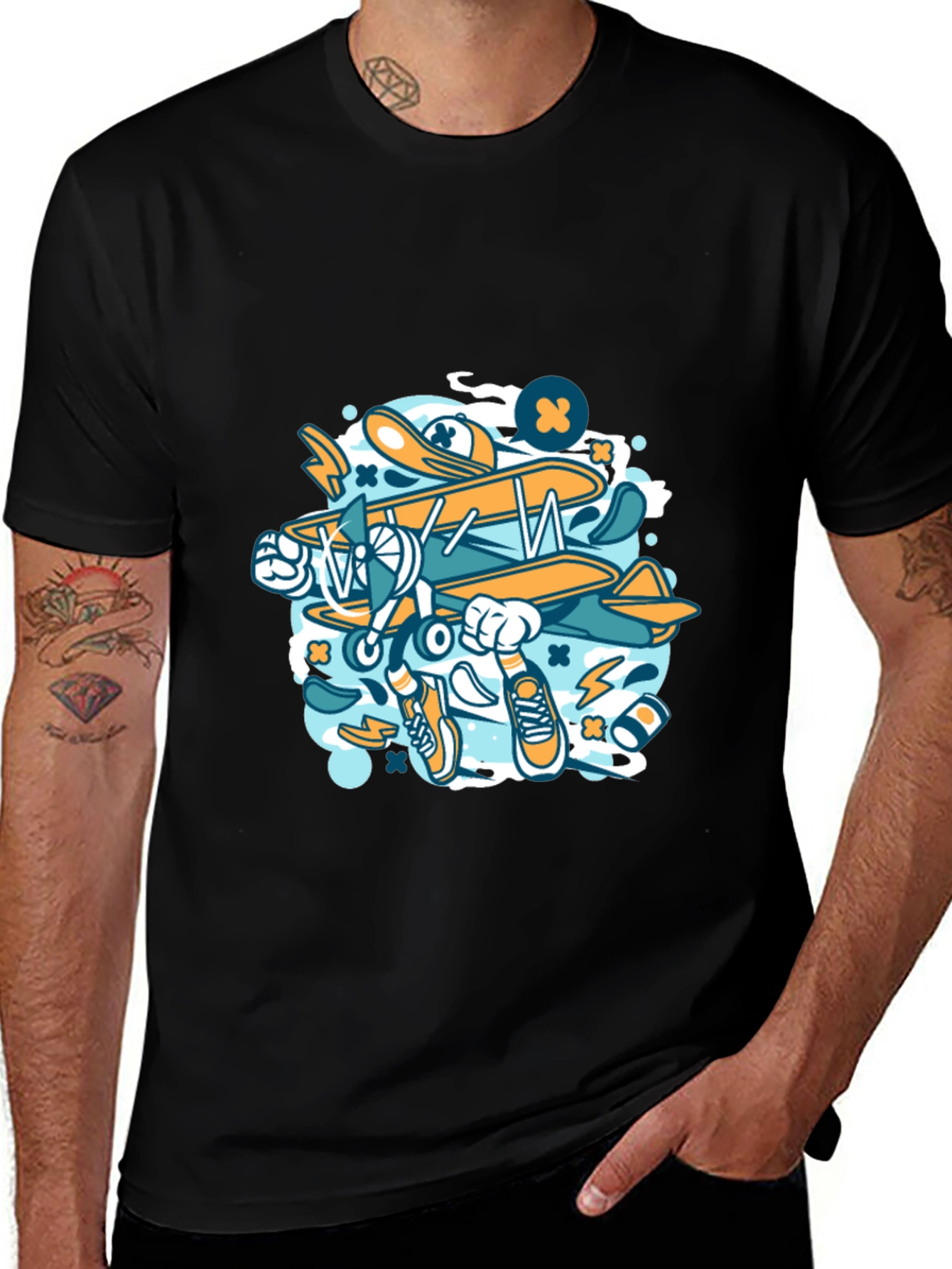 Variant 13 of Cartoon Airplane Graphic Black T-Shirt
