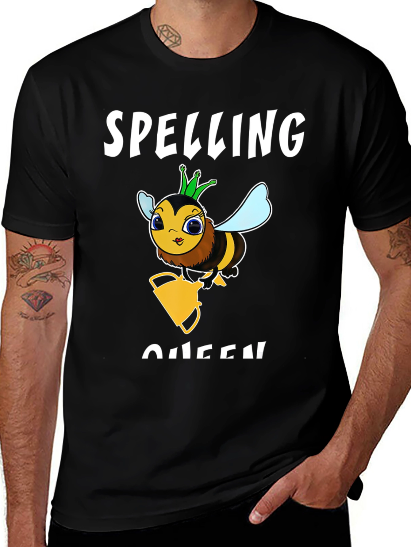 Black Spelling Bee Queen Graphic T-Shirt - Black Cotton Tee main image