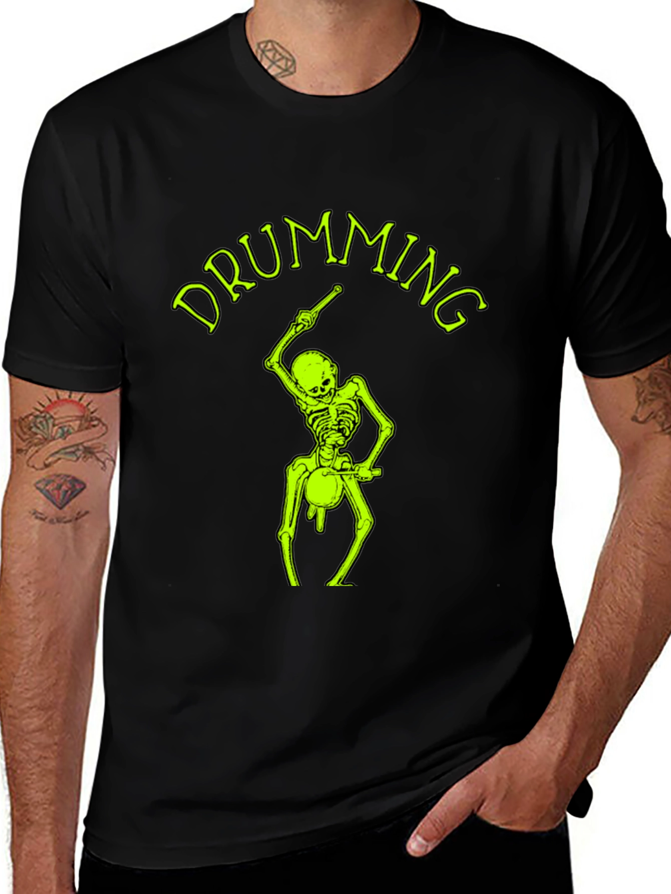 Variant 7 of Drumming Skeleton T-Shirt - Black Graphic Tee