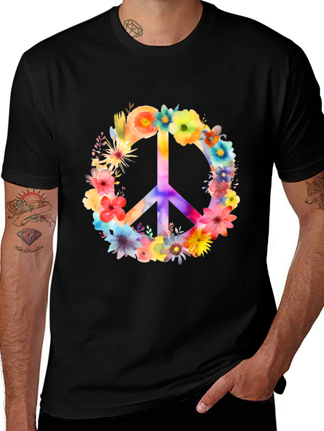 Variant 16 of Floral Peace Sign Graphic Tee - Black
