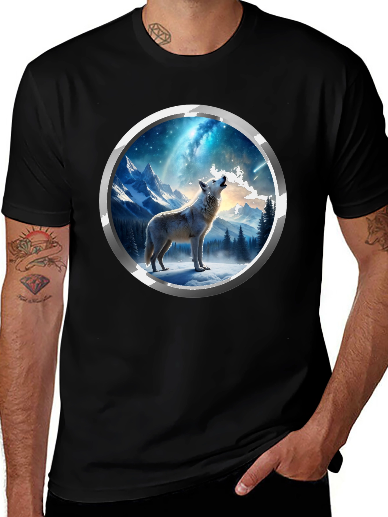 Variant 3 of Wolf Howl T-Shirt - Night Sky Design