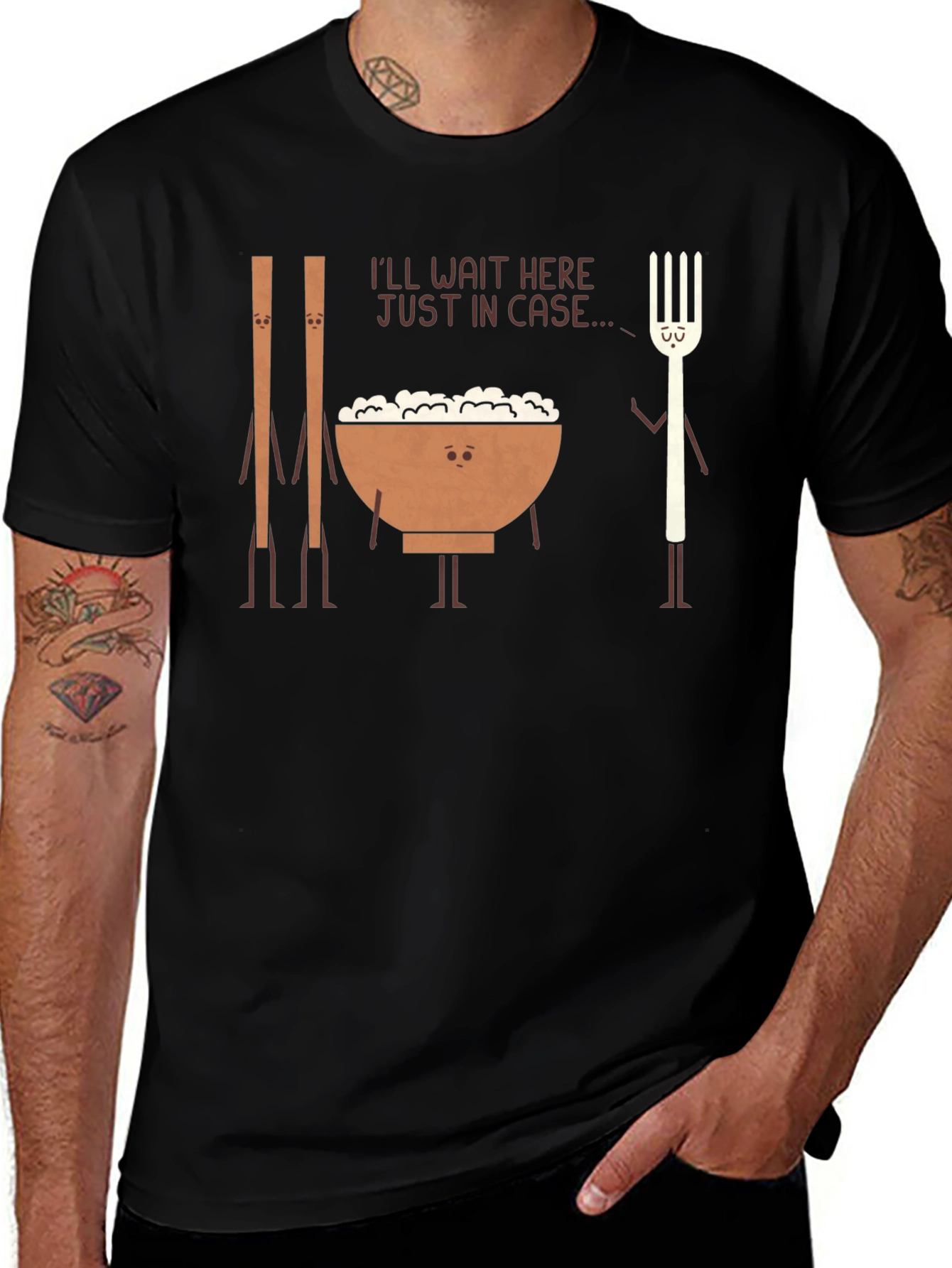 Variant 10 of Funny Asian Food T-Shirt - Chopsticks and Fork Waiting