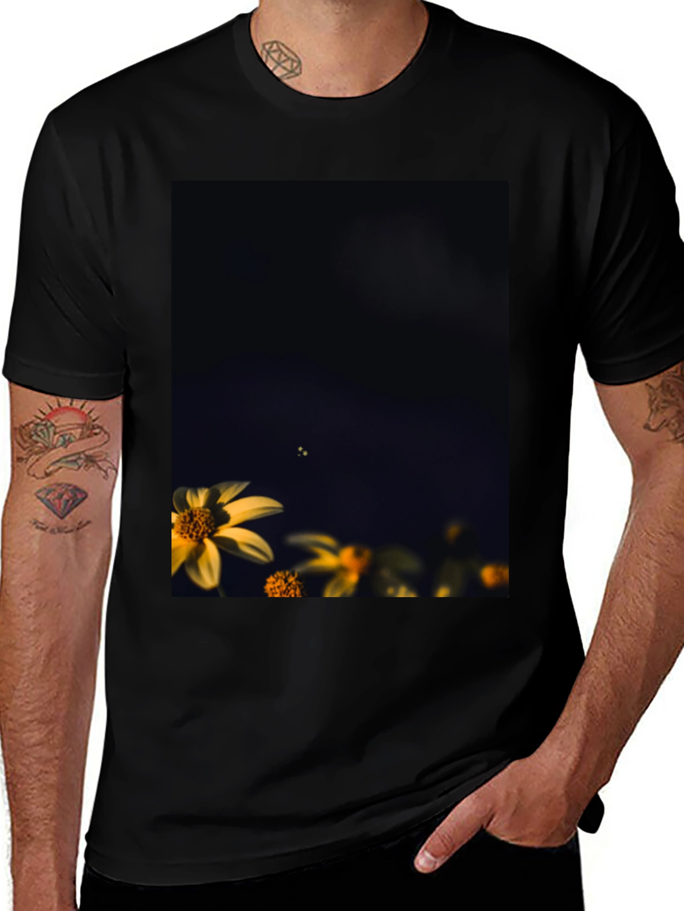 Variant 29 of Floral Print Black Cotton Tee - Modern Casual Style