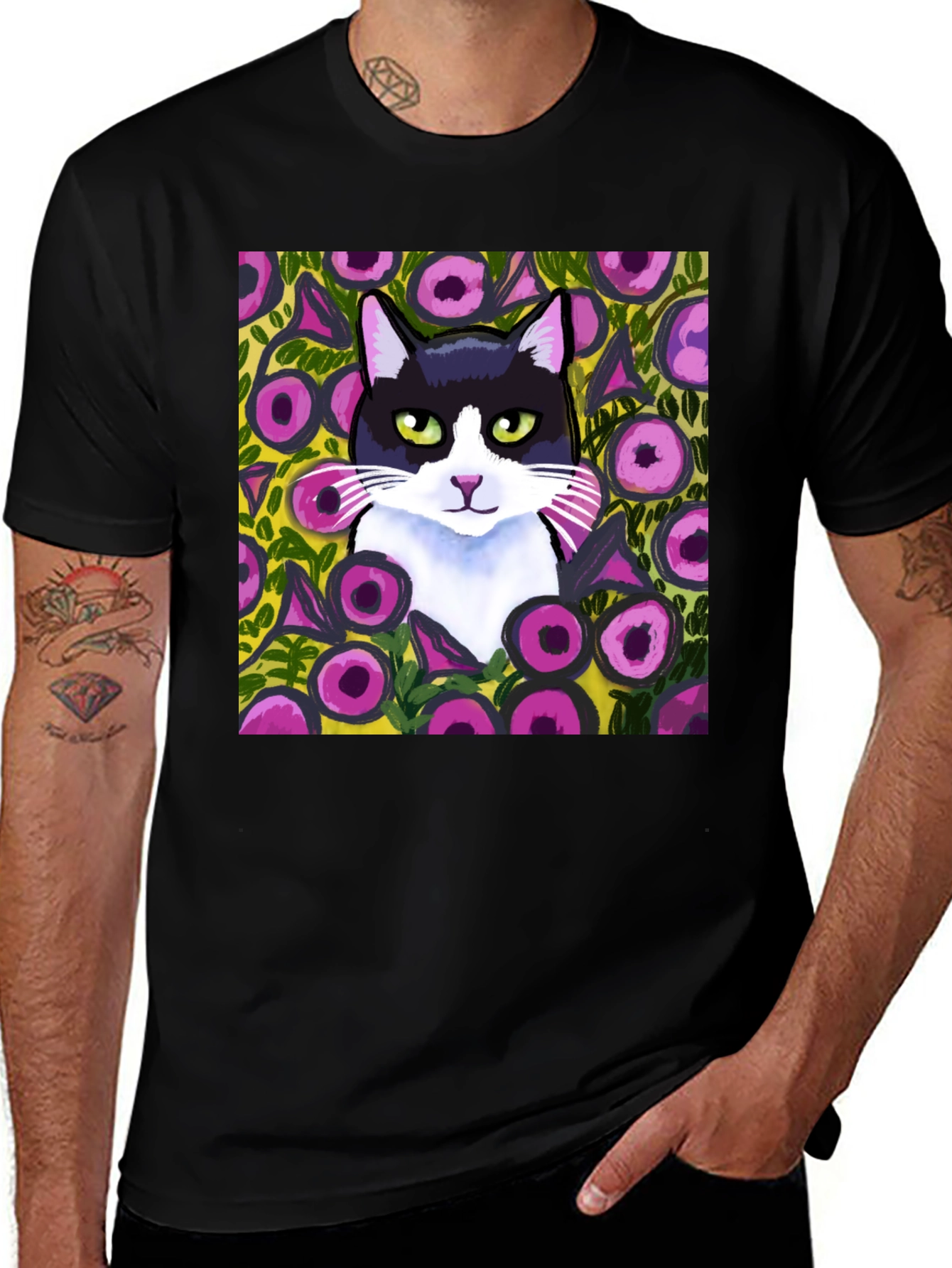 Variant 28 of Floral Cat Graphic Tee - Black