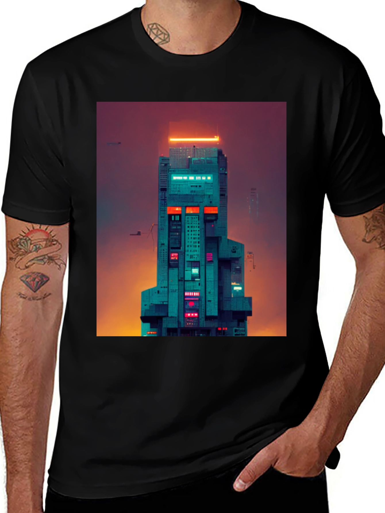 Variant 6 of Cyberpunk Building Graphic Tee