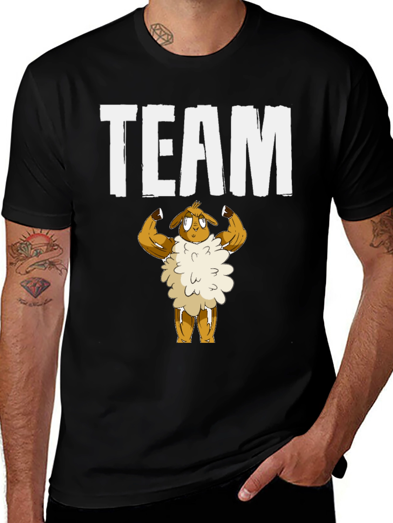 Variant 10 of Team Sheep Muscle T-Shirt - Black Cotton Graphic Tee