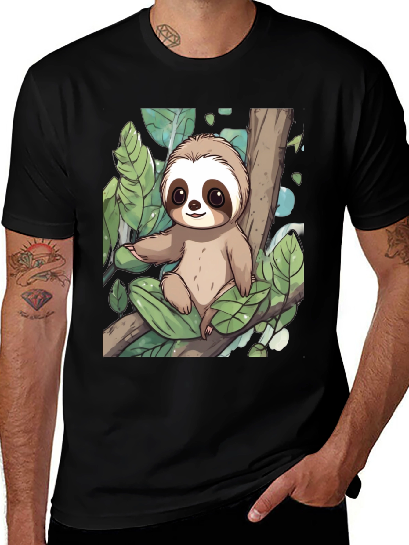 Variant 9 of Cute Sloth Graphic Tee - Black Cotton T-Shirt