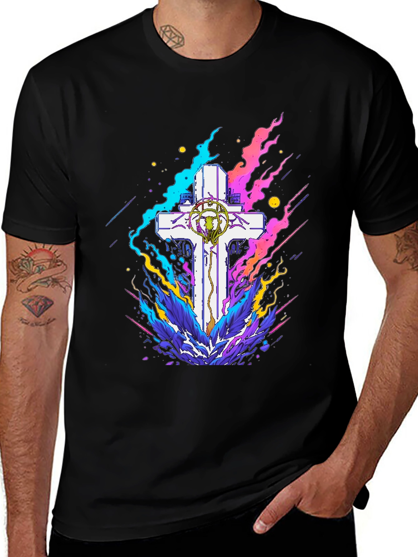 Variant 9 of Neon Cross Graphic T-Shirt - Black