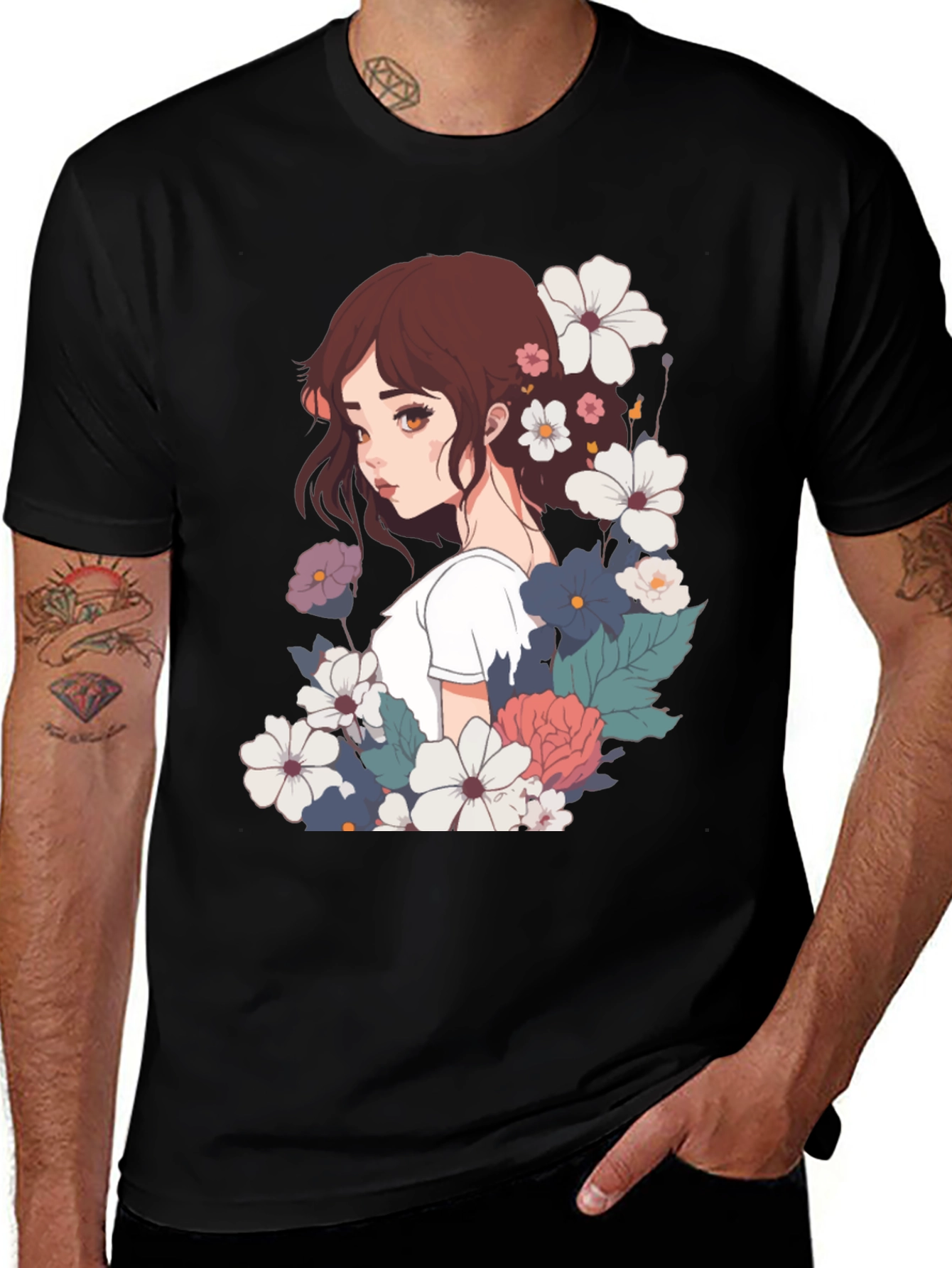 Variant 4 of Floral Anime Girl Black T-Shirt