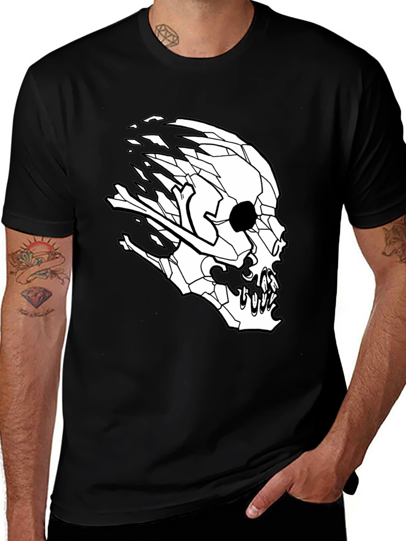 Variant 28 of Men's Black T-Shirt with Geometric Skull Design