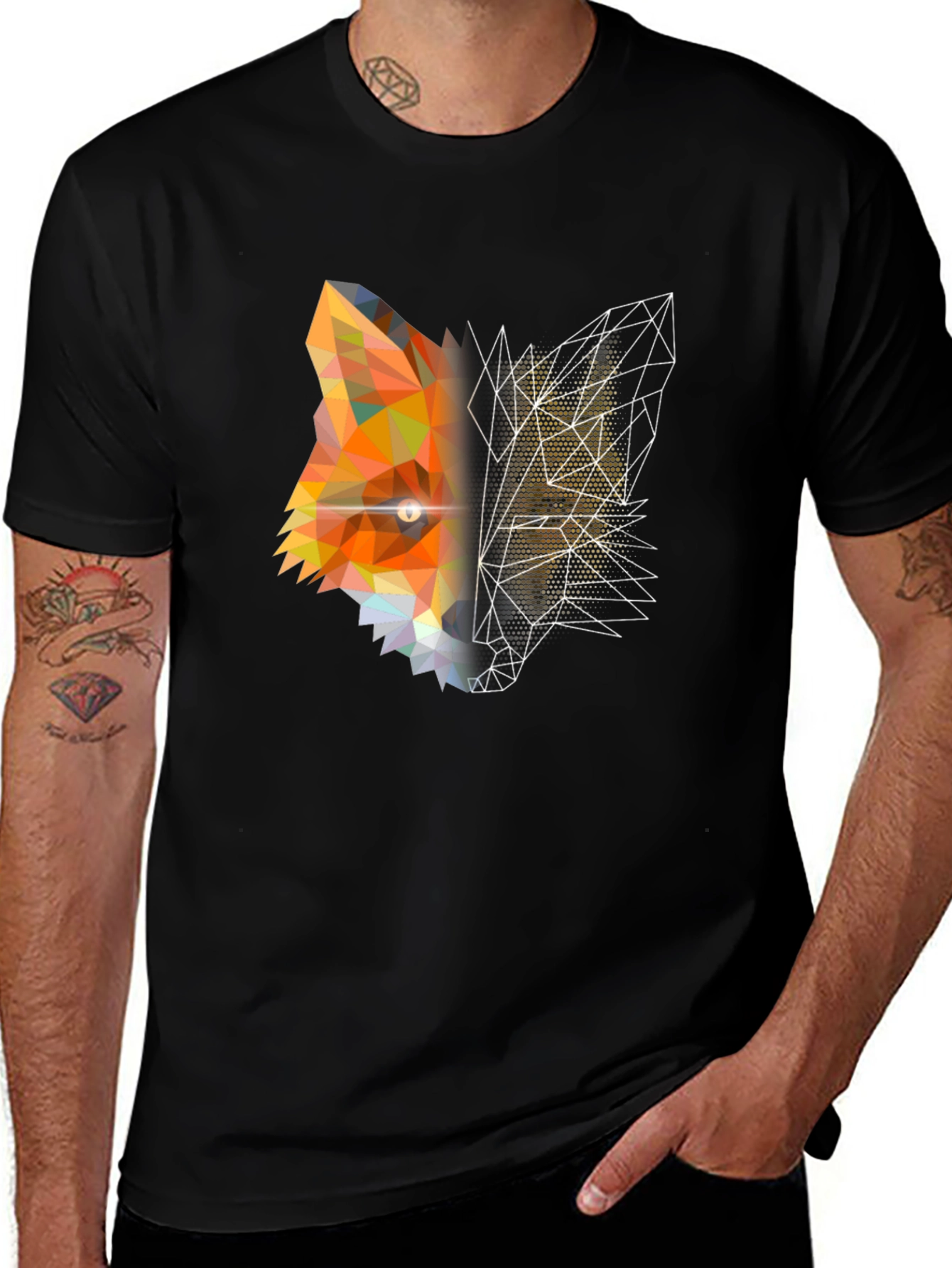 Geometric Fox Graphic Print Black T-Shirt