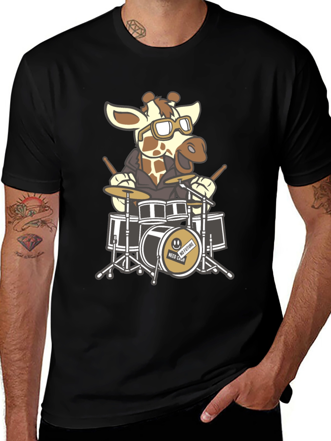 Variant 4 of Giraffe Drummer Graphic Tee - Black Cotton T-Shirt