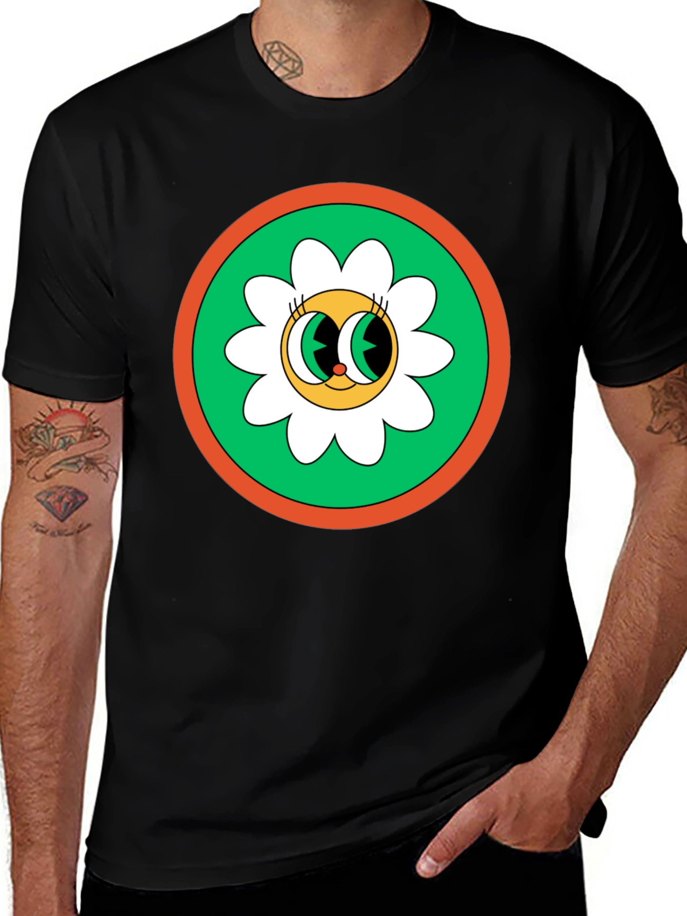 Variant 22 of Retro Flower Power Graphic Tee - Black Cotton Blend