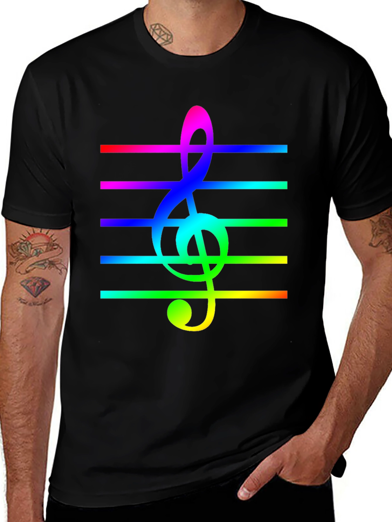 Rainbow Treble Clef Music T-Shirt - Black Cotton Tee