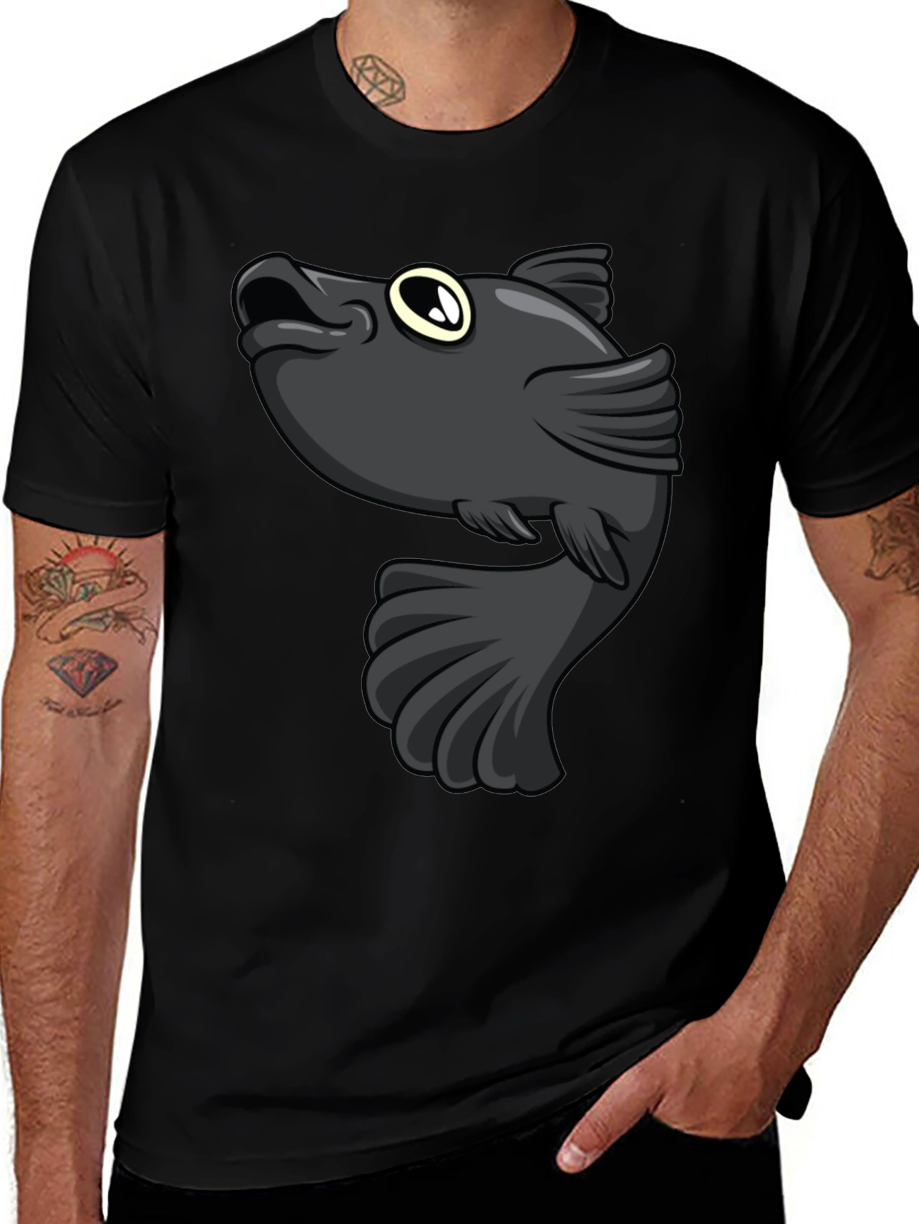 Cartoon Fish Graphic Print Black T-Shirt