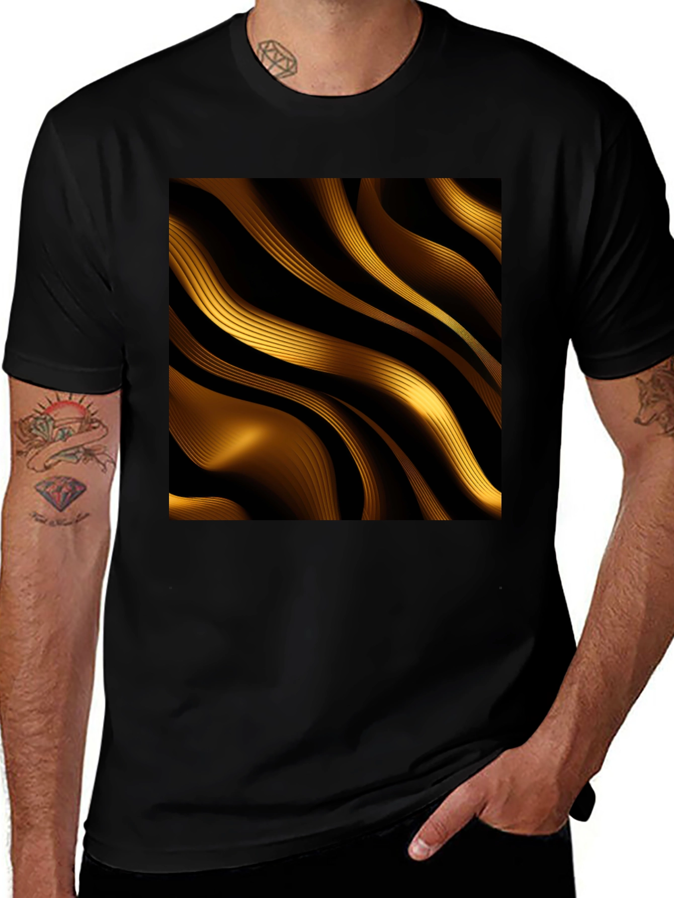 Golden Abstract Wave Print Black T-Shirt