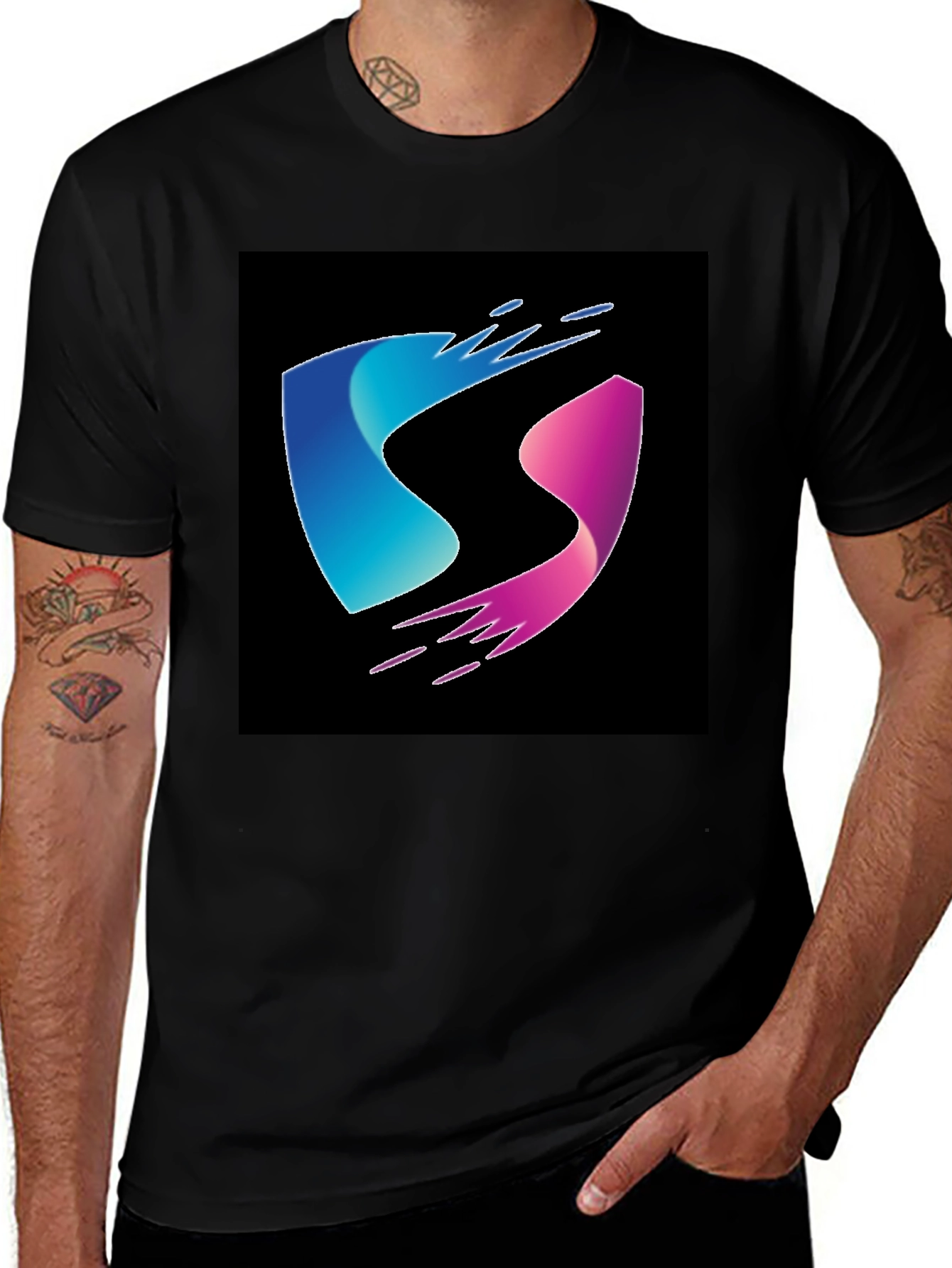 Variant 23 of Modern Blue and Pink Wave Design Black T-Shirt