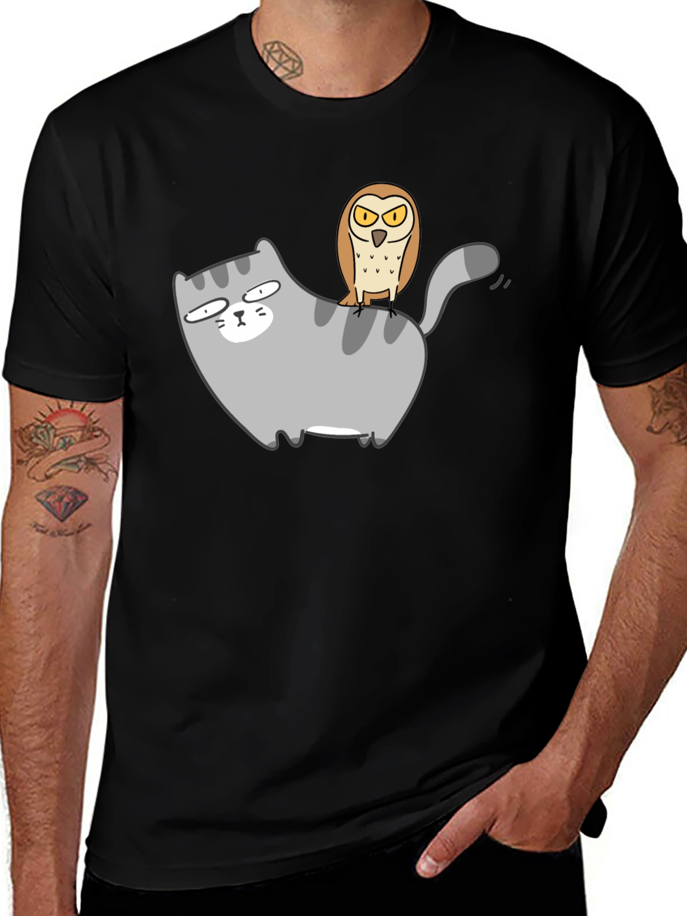 Variant 5 of Funny Cat & Owl Graphic Tee - Black Cotton Blend