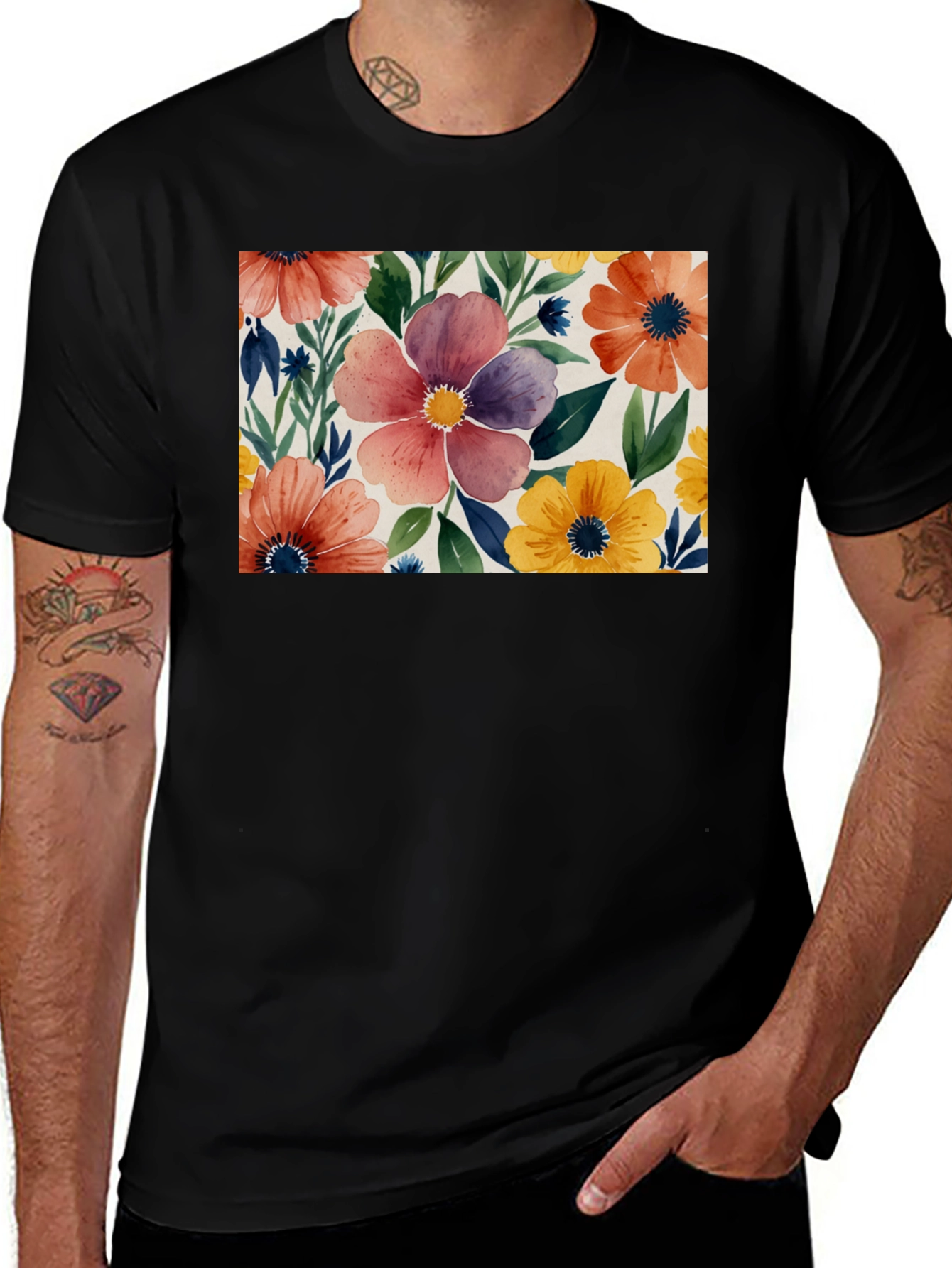 Variant 16 of Floral Watercolor Graphic Black T-Shirt