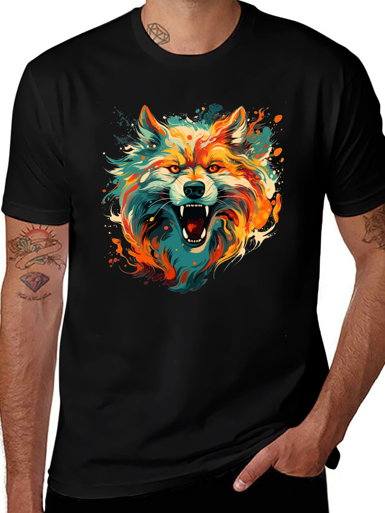 Variant 13 of Colorful Wolf Graphic Black T-Shirt
