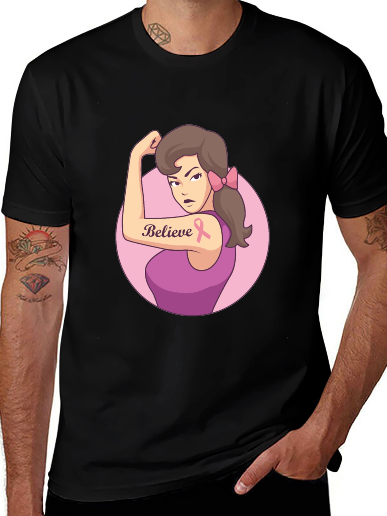 Variant 18 of Believe Breast Cancer Awareness Black T-Shirt