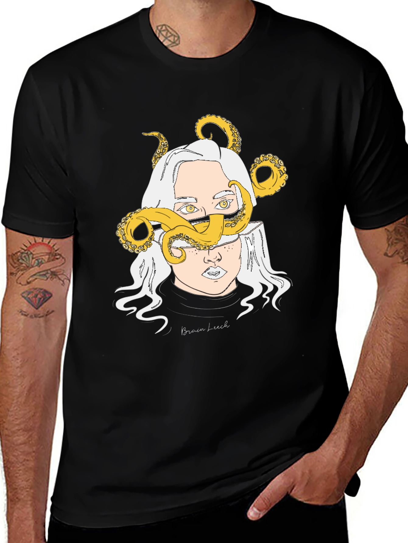 Variant 13 of Brain Leech Graphic Print Black T-Shirt