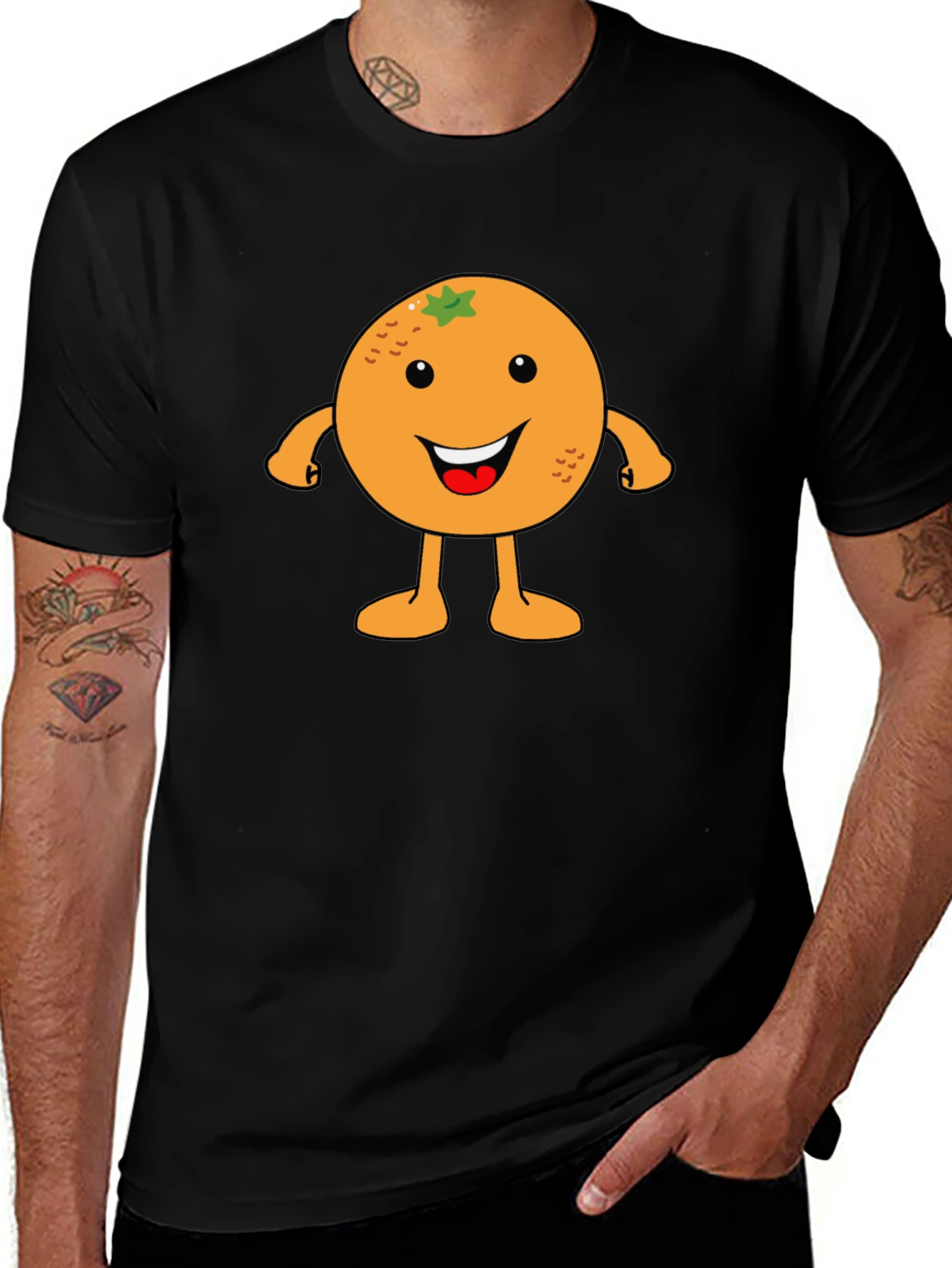 Variant 8 of Funny Orange Fruit Cartoon Graphic Black T-Shirt